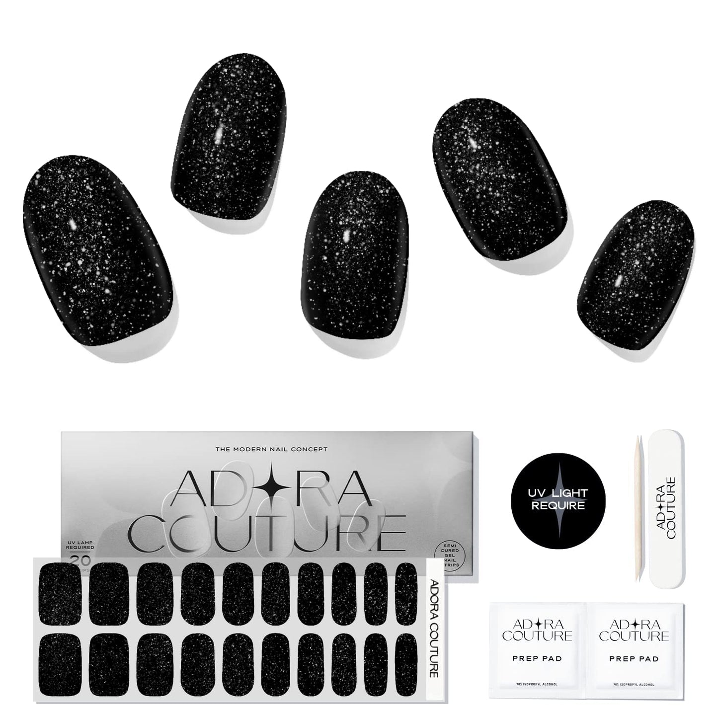 Adora Couture Semi Cured Gel Nail Strips with 20 Pieces - UV Gel Stickers, Manicure Kit, Easy Application Wraps Includes Prep Pads, Nail File, Wooden Stick - UV Light Required (Black Galaxy)