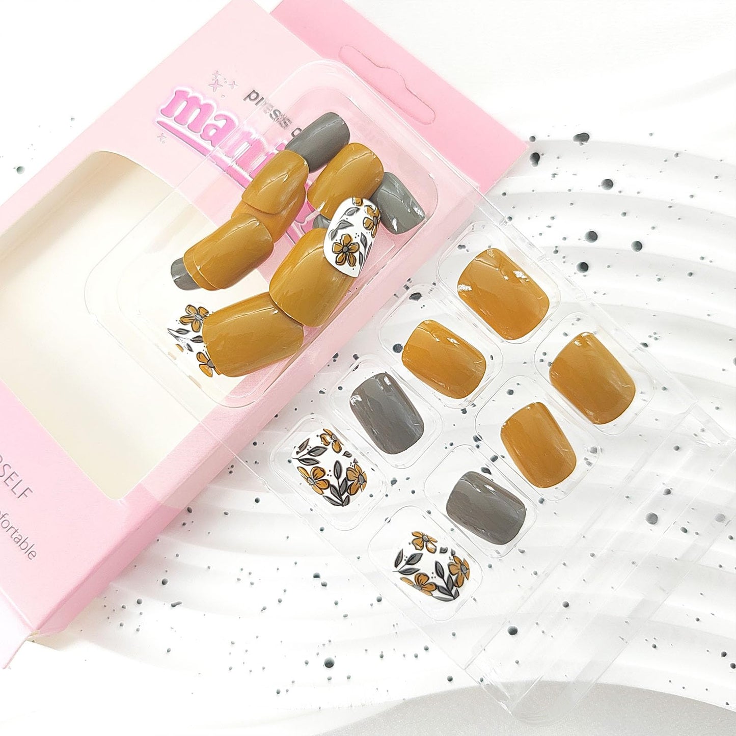 Square Press on Nails Short Fake Nails Grey Leaf Flower Design Glue on Nails Yellow Full Cover Acrylic Nails Press ons Glossy Artificial False Nails for Girls 24Pcs