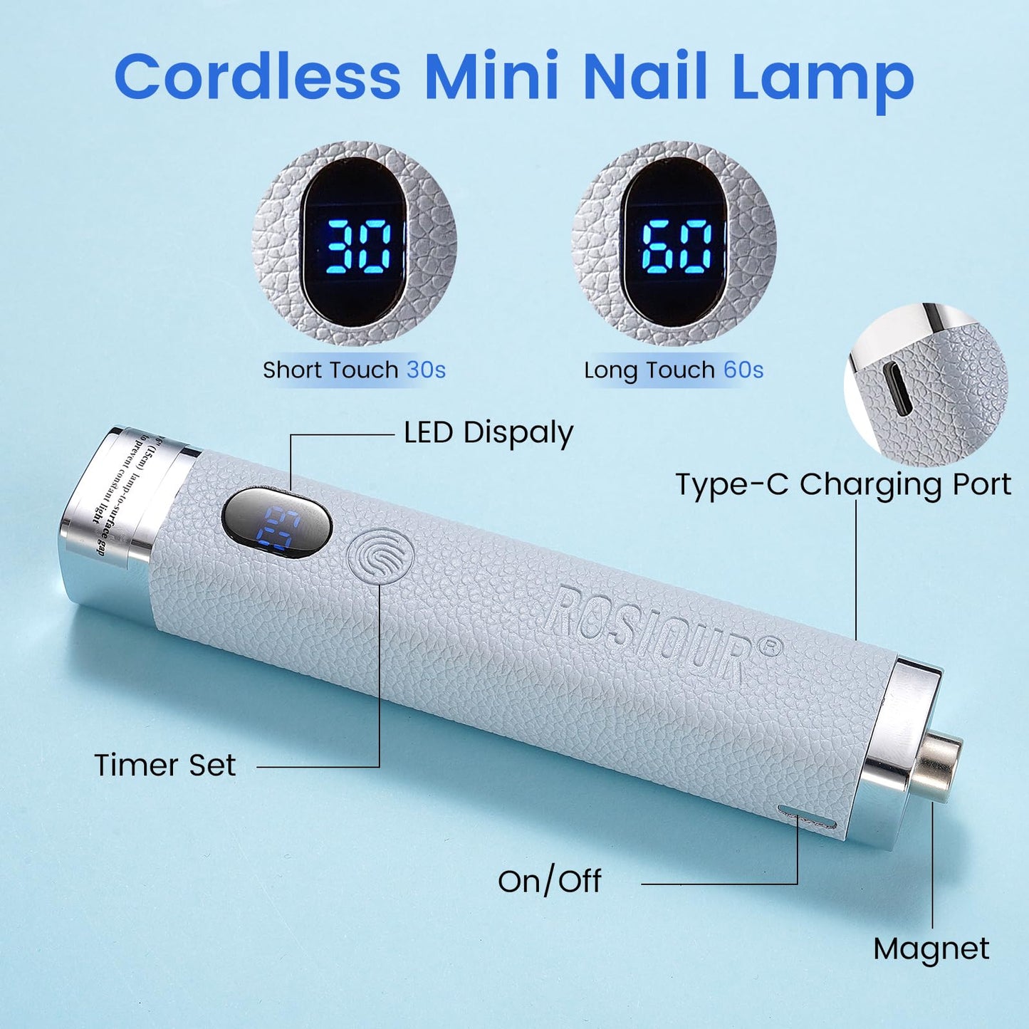 Rosiour Handheld Mini UV Light for Nails: Flash Cure UV Led Nail Lamp with Cat Eye Magnet- Hand Held Fast Dry Single UV Lamp Pen with Auto Sensor for Manicure Home Salon (Blue)