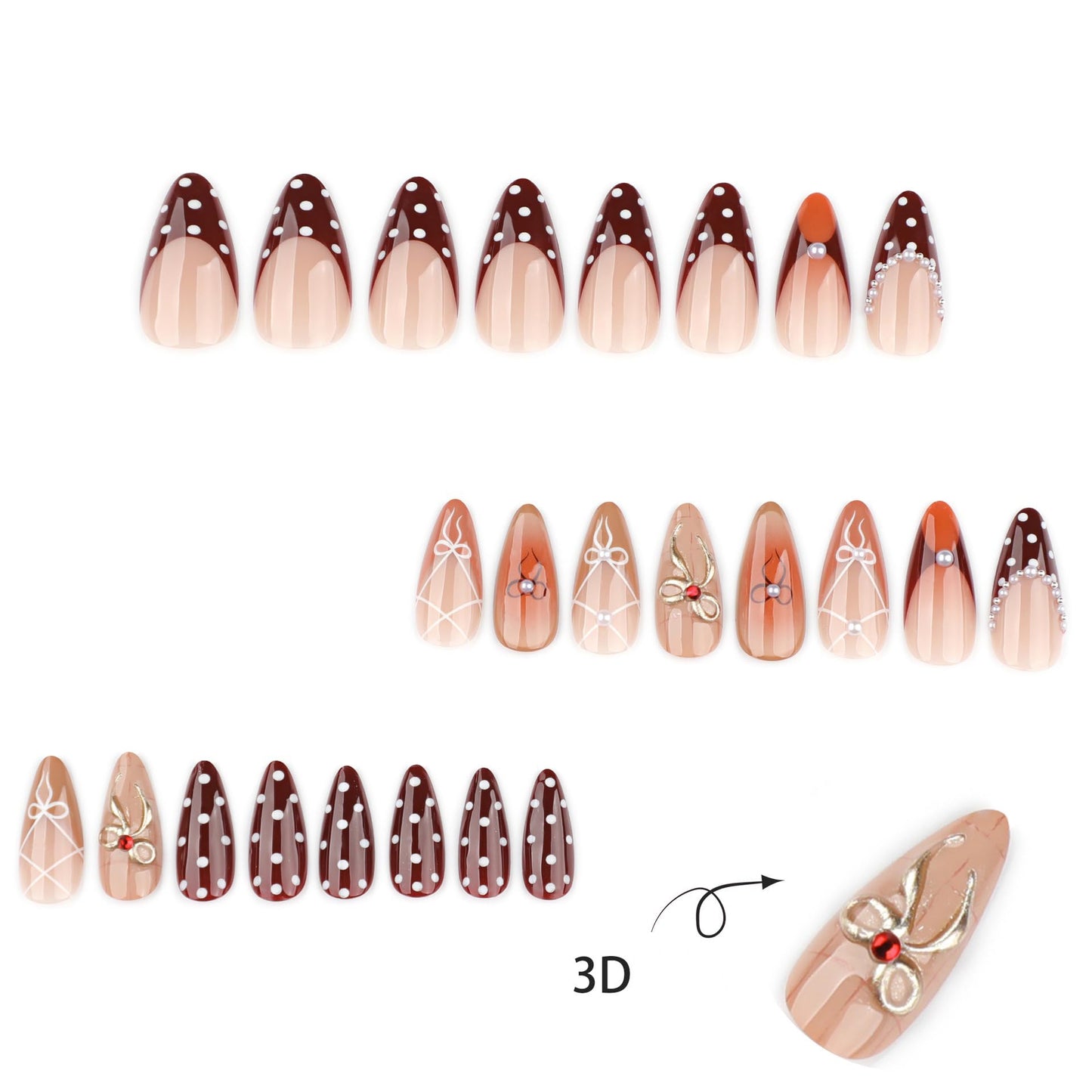 Almond Press on Nails Medium - Spot Fake Nails with Bow Design - Pearl False Nails Press Ons - for Women Manicure 24 Pcs