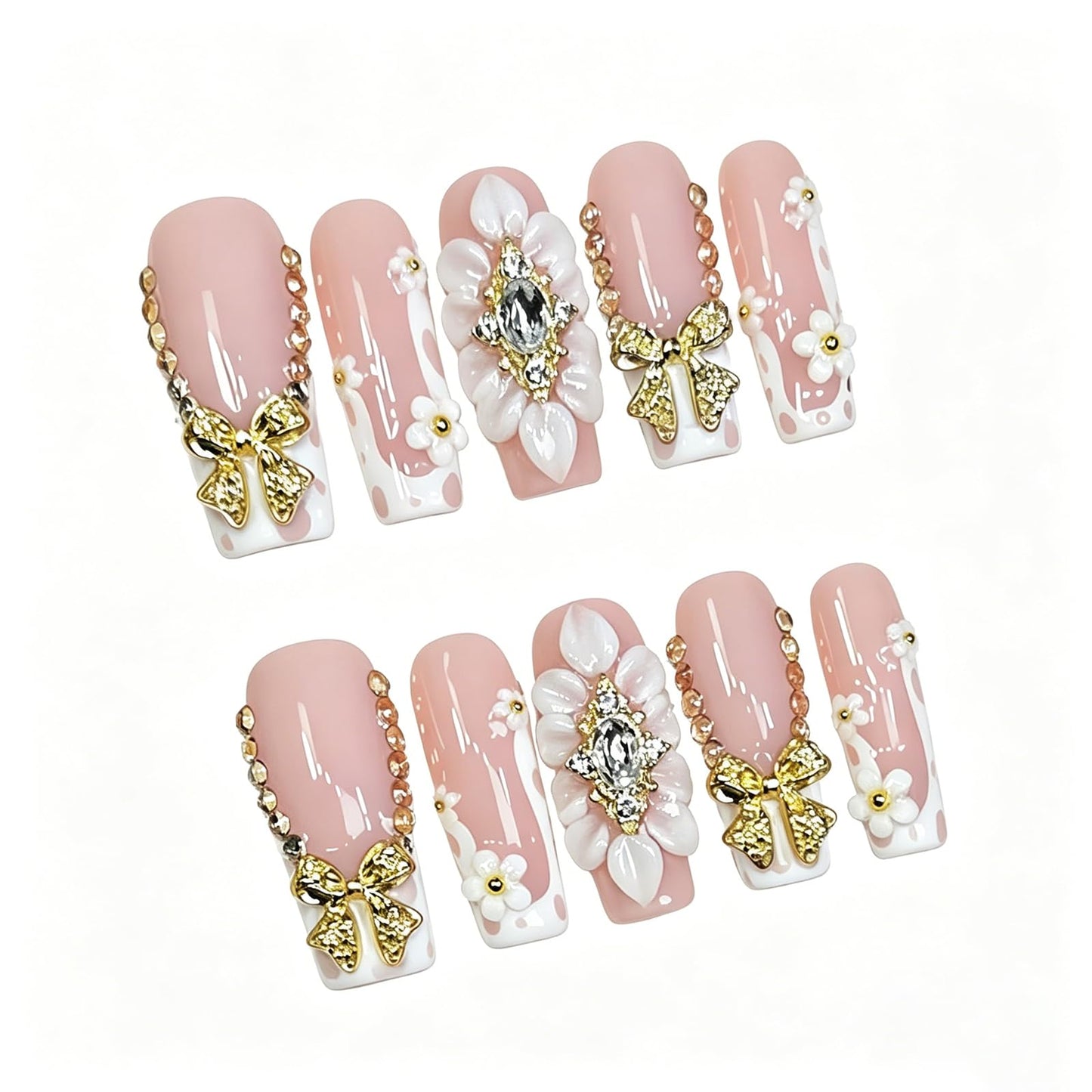 Exylixor Handmade Press on Nails Long Square - Luxury Gold Bow & 3D Blooming Flower Fake Nails, Amber Jewelry Bead Chain False Nails, 10 Pack for Women (Size M)