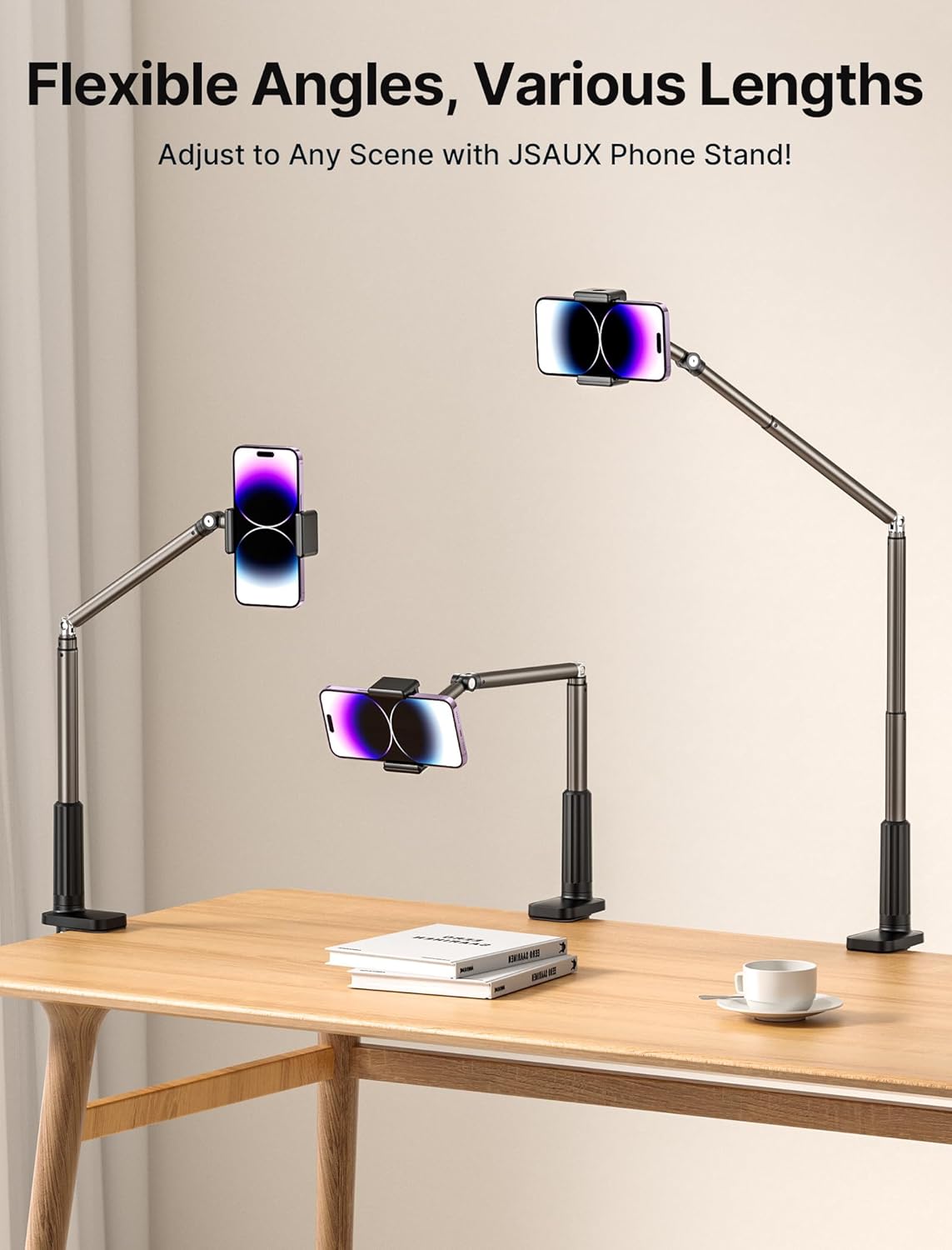 JSAUX Phone Holder for Desk and Bed Compatible with iPhone 16 15 14 13 12 Overhead Phone Mount Gooseneck Phone Stand Flexible 360 Lazy Long Arm Clamp Clip for Table Bedside [1-Pack, Black]