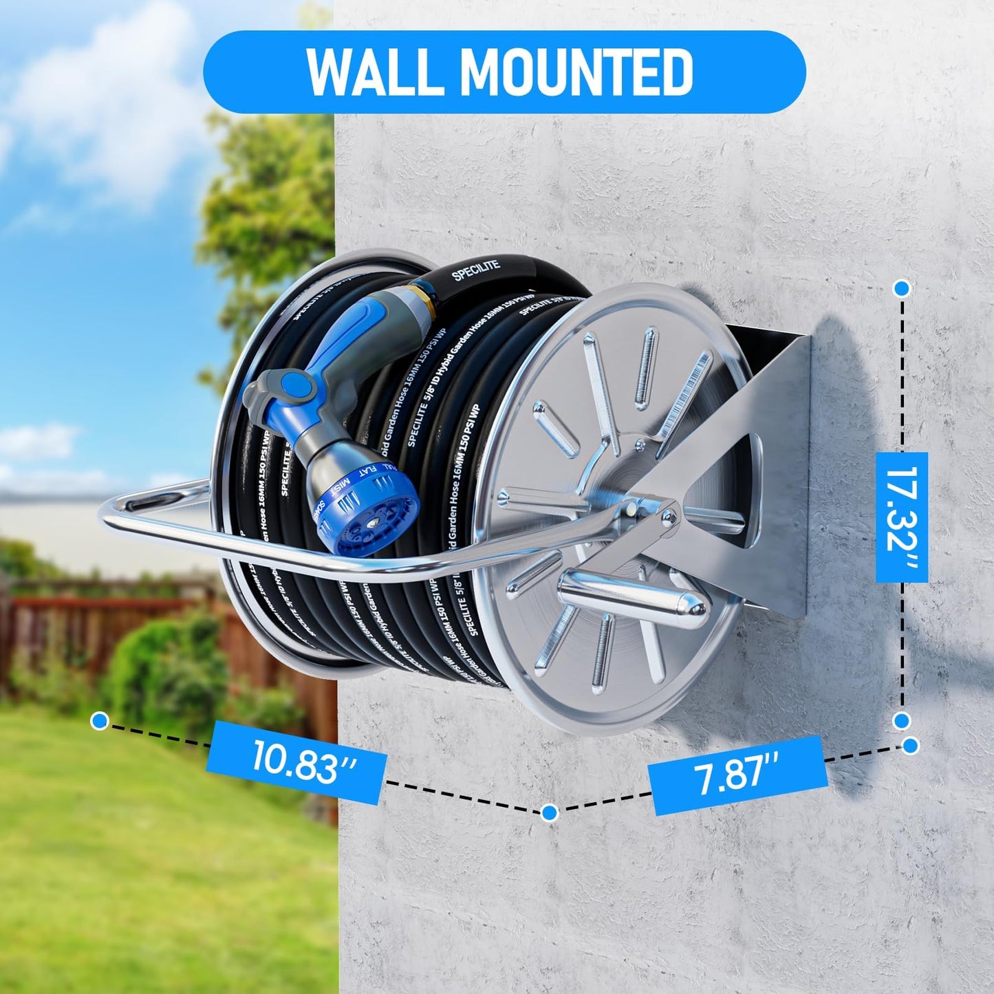 SPECILITE Stainless Steel Garden Hose Reel with 5/8" 75FT Hybrid Rubber Hose and 6FT Leader Pipe, Wall/Floor Metal Mounted Storage Spool with Crank Handle, for Outside, Yard, Patio