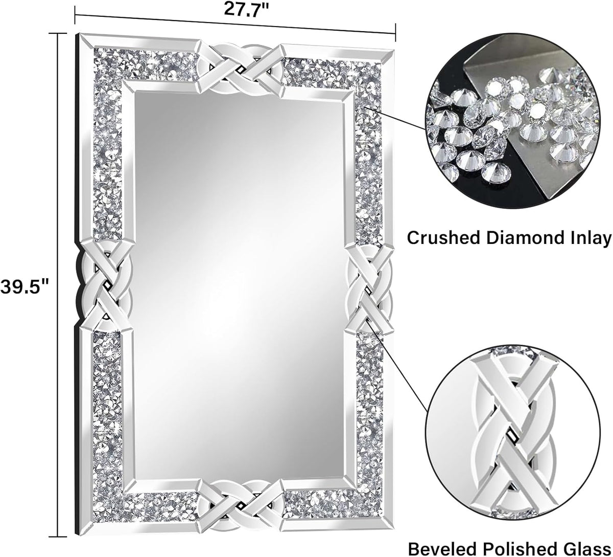 Crushed Diamond Decorative Wall Mirrors, 27.7x39.5 Inch Rectangle Living Room Mirrors for Wall Decor, Modern Glam Bathroom Dining Room Entryway Mirror Silver
