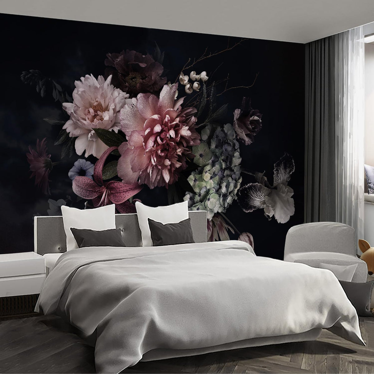 Black Floral Wall murals Peel and Stick Flowers Wallpaper for Bedroom Living Room - 96"x137"