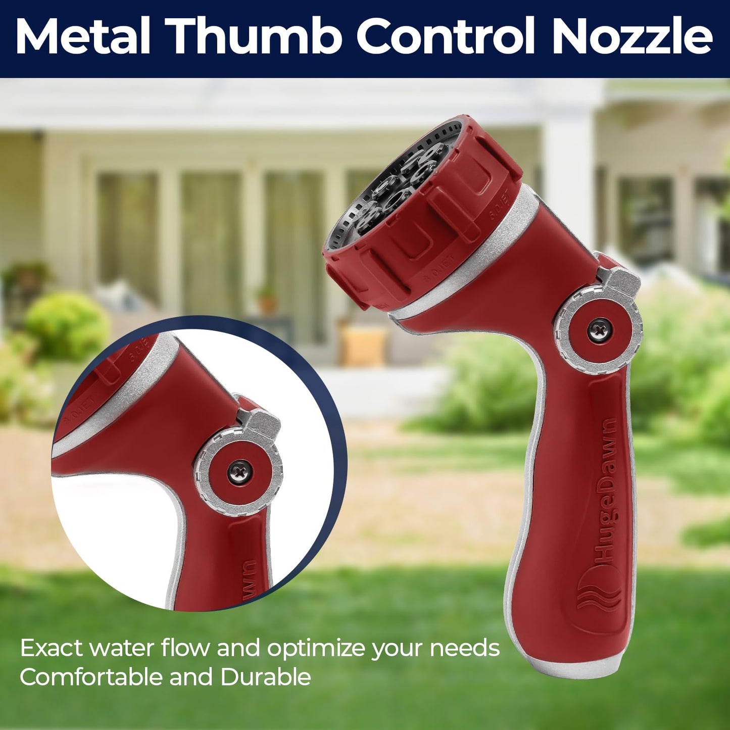 HugeDawn Garden Hose Nozzle with 7 Spray Patterns, Heavy Duty Metal Sprayer 30% Greater Water Flow for Watering, Car Wash, Outdoor Cleaning (Red)