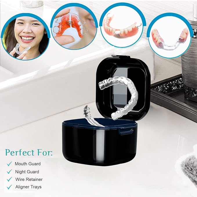 Denture Cup，Retainer Case,Cute Night Mouth Guard Box Holder, Storage Soak Container with Strainer basket for Travel Cleaning.(1 Pack,Black)