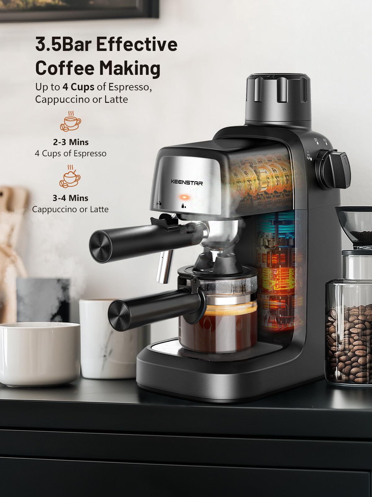 KEENSTAR 3.5Bar Espresso Machine with Milk Frother, 800W Compact Espresso and Cappuccino Machine with Preheating Function, 4 Cup Espresso Maker for Cappuccino or Latte, Gift for Coffee Lover
