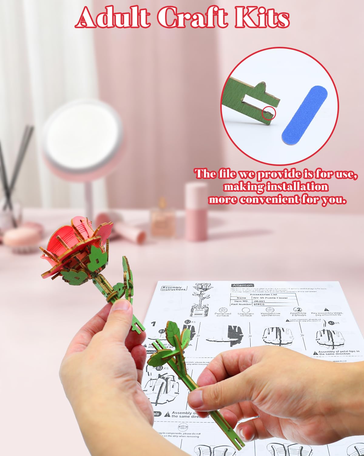 aeloer 3D Wooden Flower Puzzles for Adults - Pink Rose, DIY Model Kit Building Set, Creative Craft for Adults, Unique Botanical Home Office Decor & Relaxing Gift Idea