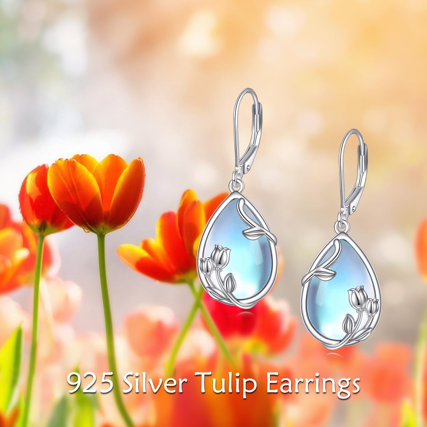 YFN Tulip Leverback Earrings for Women Sterling Silver Tulip Flower Dangle Moonstone Earring Jewelry for Women