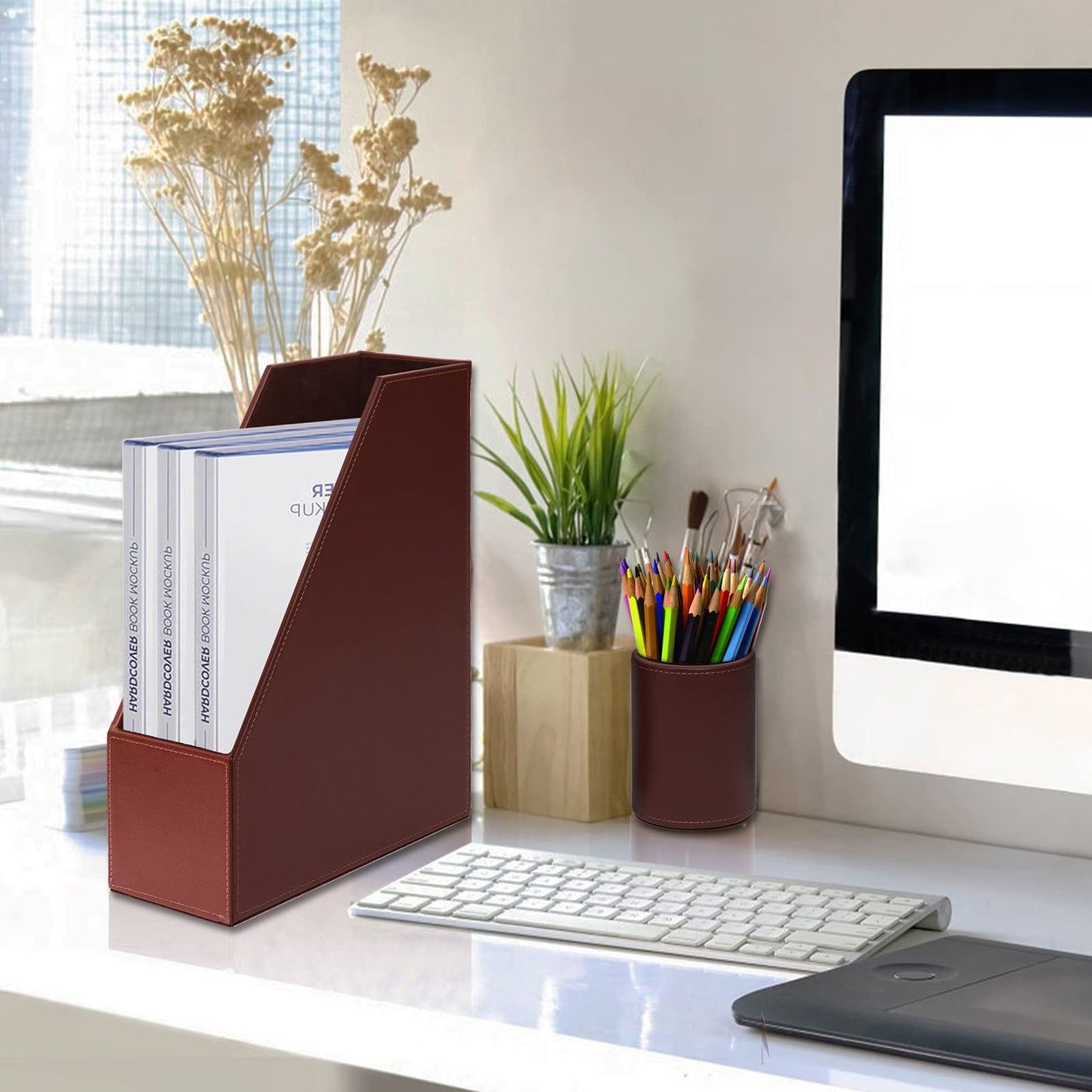 XNONE Office Supplies PU Leather 6-Piece Desk Organizer with Writing Pad, Letter Tray, File Folder Sorter, Pen Cup, Note Holder, Business Card Holder - Brown