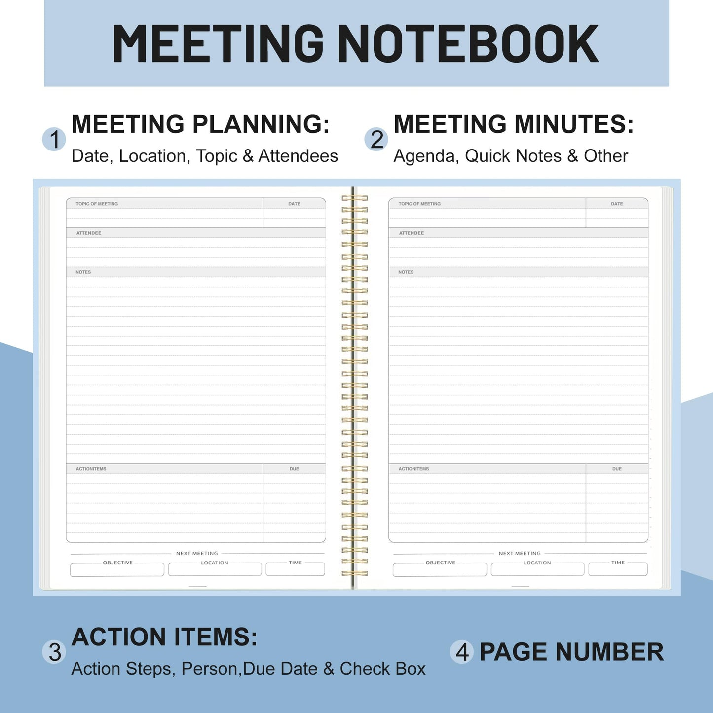 Yoment Meeting Notebook for Work with Action Items 8.5 x 11 Hardcover Professional Notebooks for Work Organizer Planner Business Meeting Notebooks for Note taking,Light Blue