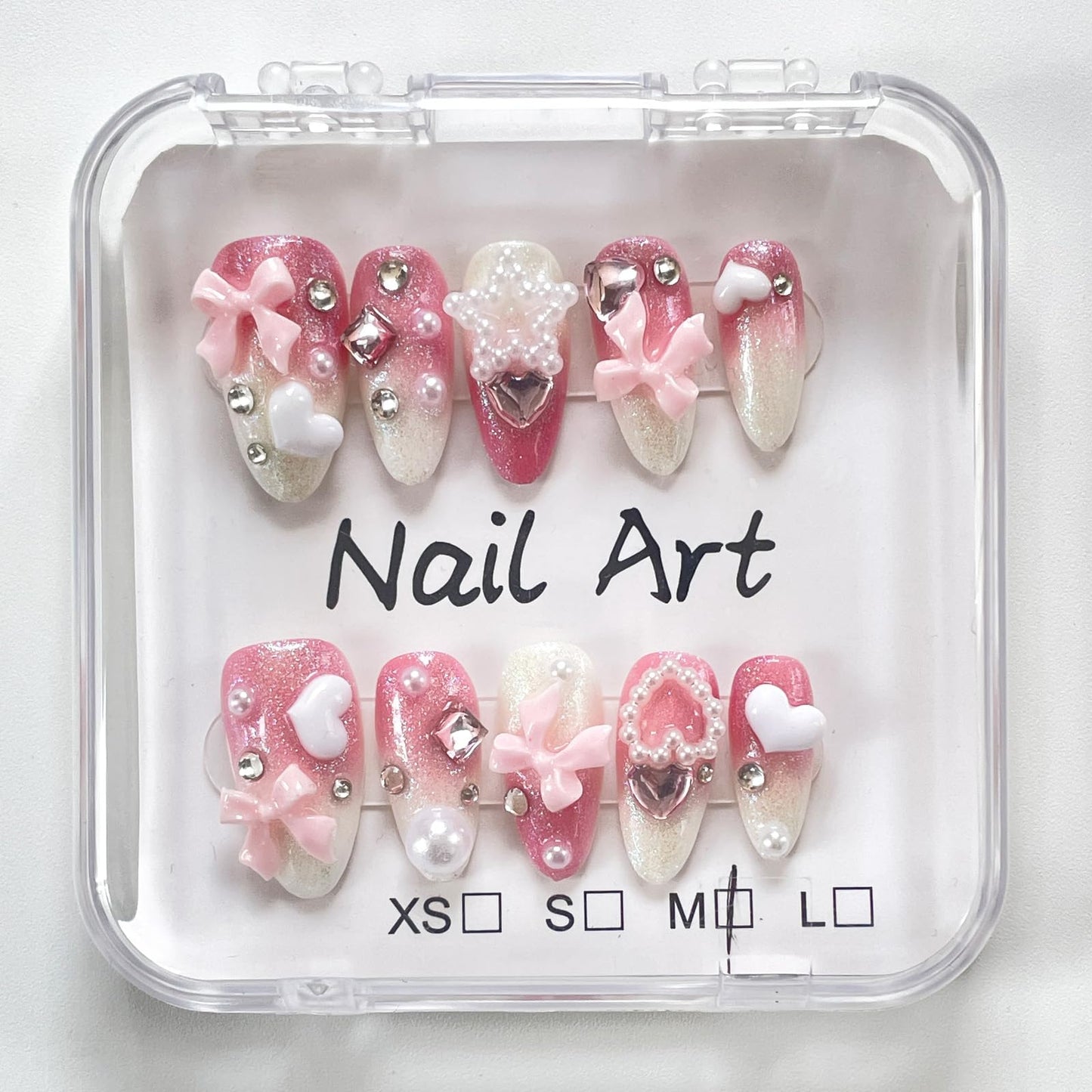 Hand made Press on Nails Medium Almond,Gradient Pink Fake Nails with Bow Art Design Reusable Nails for Women 10 Pcs(Size M)