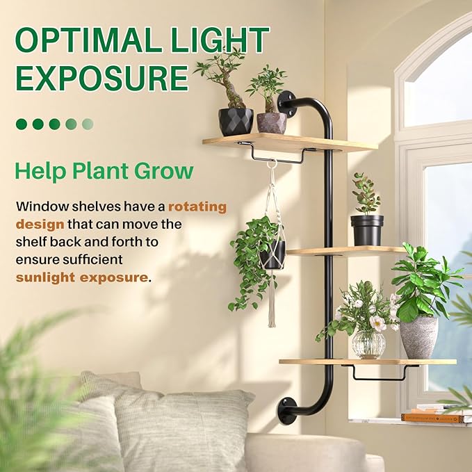 DELLAN Window Plant Shelves, Rotating Plant Shelf for Window, Wall Mounted Indoor Hanging Plants Shelf (3 Tier)