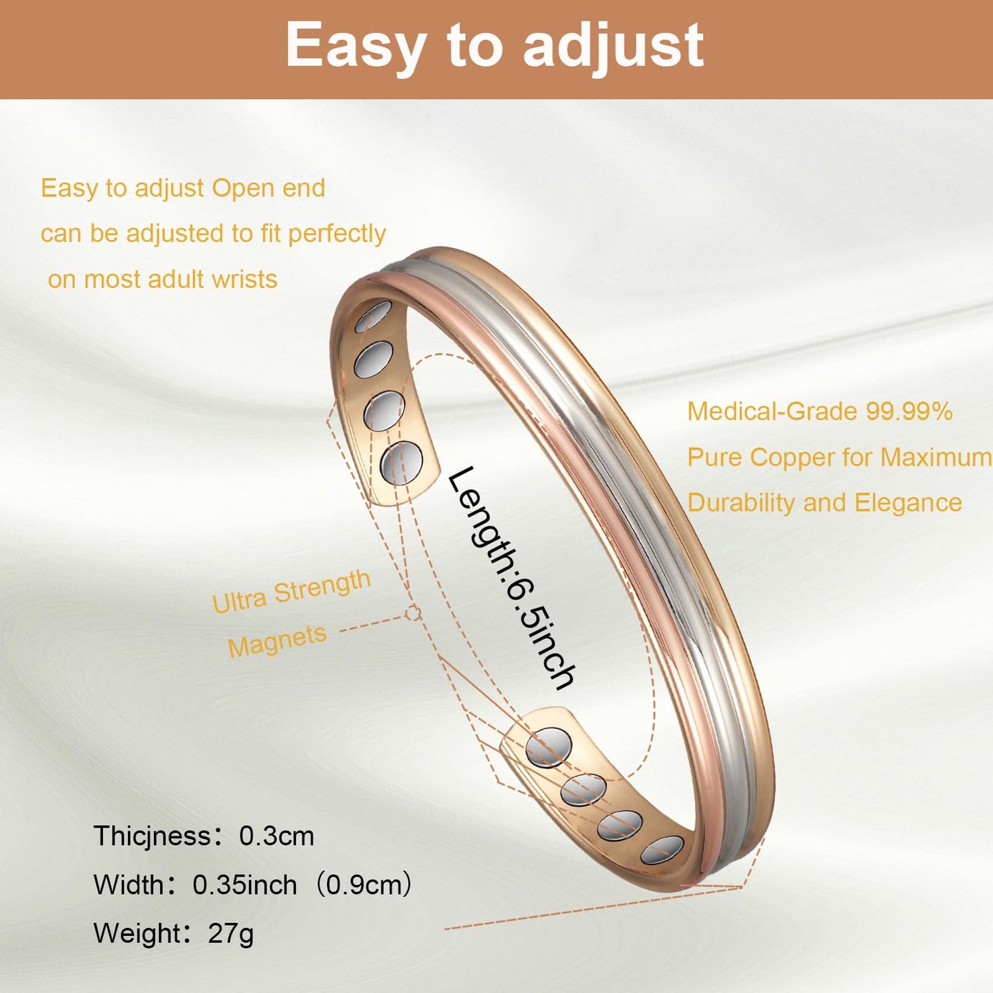 EnerMagiX Copper Bracelets for Women, 99% Pure Copper Tricolour Gold Adjustable Bracelet, Copper Jewelry (0945SRG)
