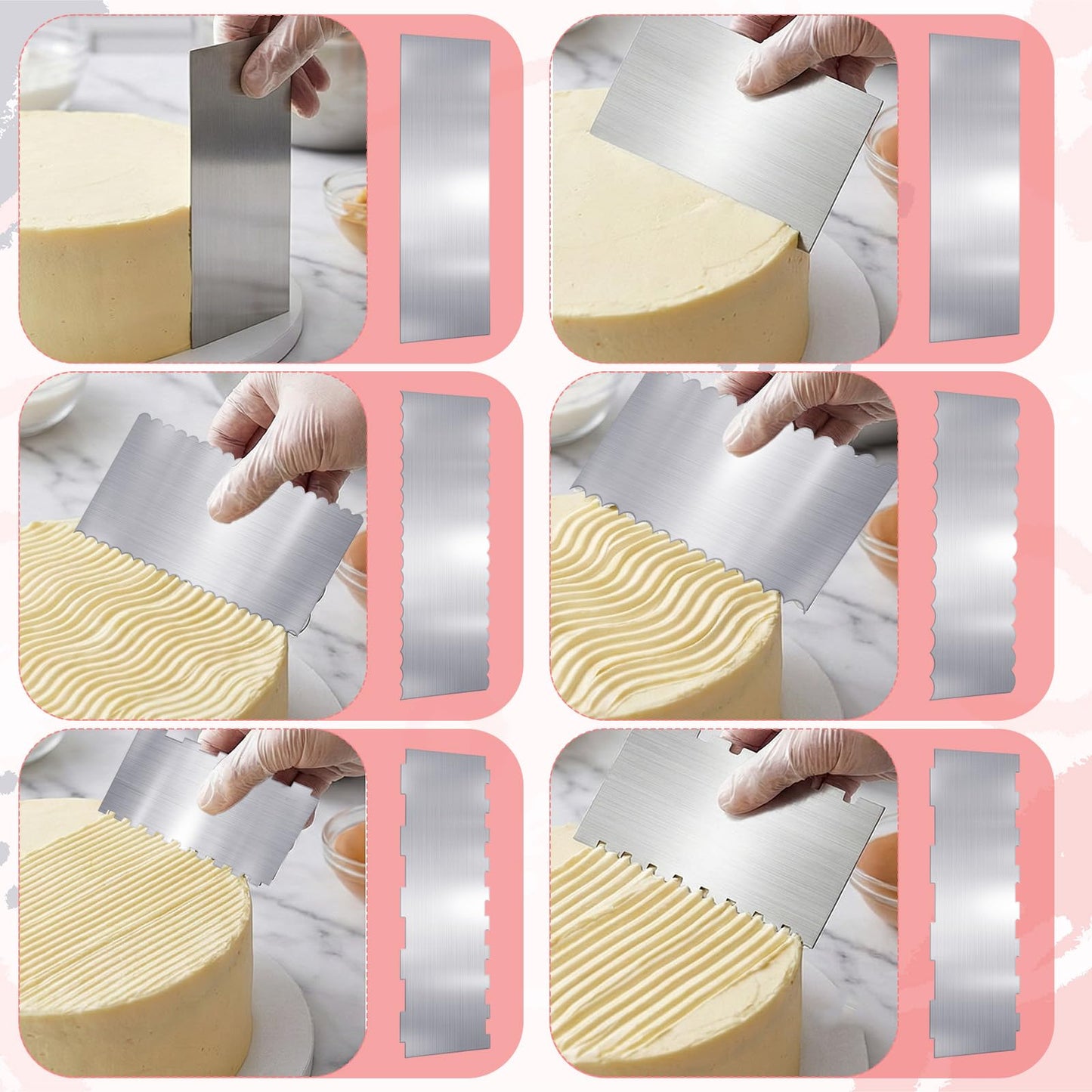 KongTiva 6 Pcs Stainless Steel Cake Scraper, Large Double Sided Patterned Edge Stripe Edge Smoother Scraper 10 Inch & 9 Inch Cake Decorating Comb Metal Pastry Cutter for Butter Mousse Cream Decoration