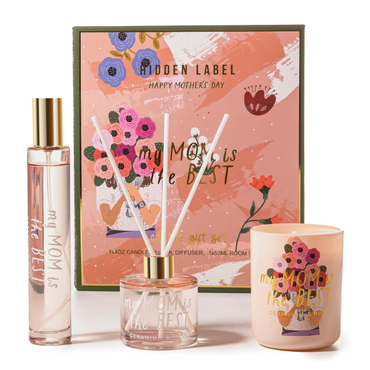 Hidden Label Soy Candle Set: Geranium & Rose 'Best Mom' Gift with Reed Diffuser & Room Spray