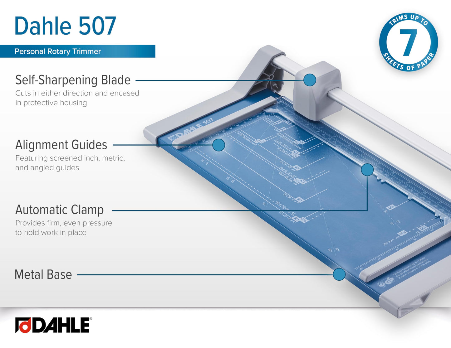 Dahle 507 Personal Rotary Trimmer, 12" Cut Length, 7 Sheet Capacity, Self-Sharpening, Automatic Clamp, German Engineered Paper Cutter