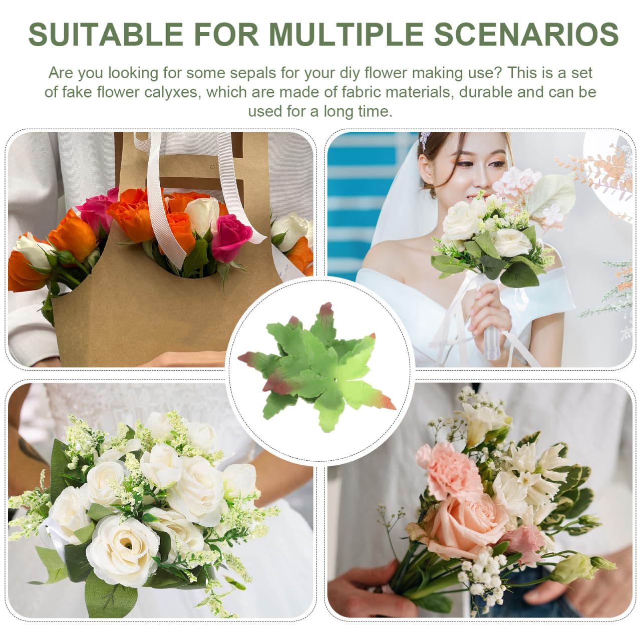 EXCEART Artificial Flower Sepals 150 Pcs DIY Calyxes for Floral Arrangements and Crafting Supplies Realistic Fabric Sepals for Wedding Decor and Handmade Flowers