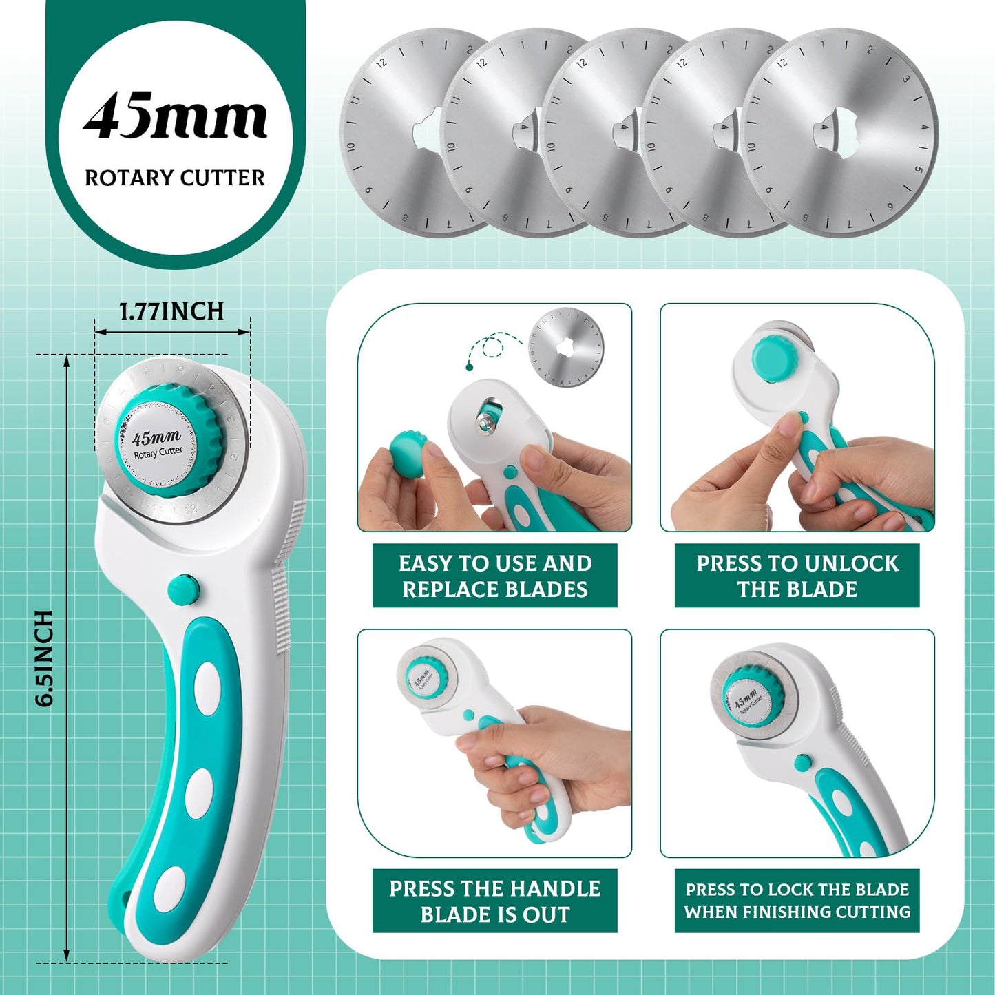 Lasnten Rotary Cutter Set 18 x 24 Inch Folding Extra Large Self Healing Cutting Mat, 45mm Fabric Cutter, 5pcs Rotary Blades, Acrylic Ruler, Knife Set for Sewing, Crafting, Patchworking, Art, Clay