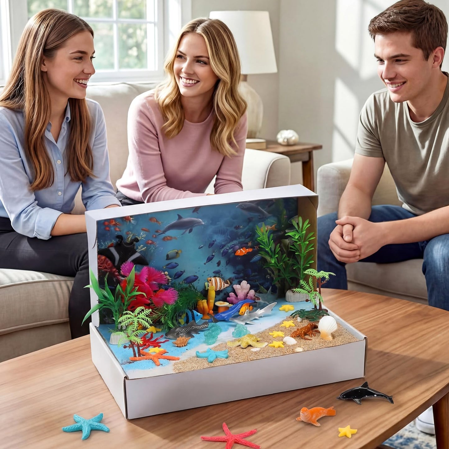 Teyva Daily 60 Pcs Ocean Diorama Kit Habitat Project Box Set 3D Ocean Diorama Supplies Include Under The Sea Animals Figures Artificial Coral Seagrass with Cardboard for DIY Crafts Gifts