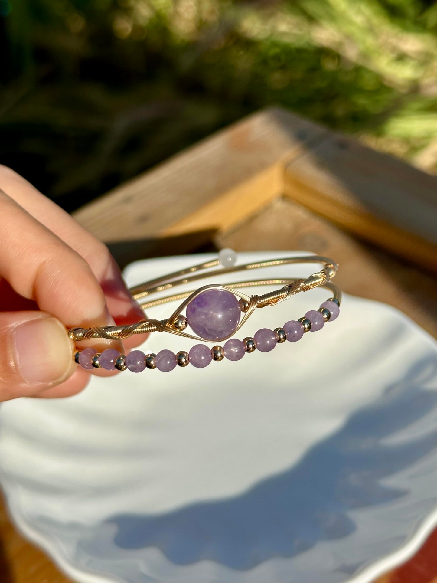 Handmade Genuine Lavender Amethyst Double Layered 14k Gold Filled Wire Wrapped Bracelet, Birthstone Chakra Healing Crystal Chips Adjustable Bangle Cuff Jewelry Gift for Women Men