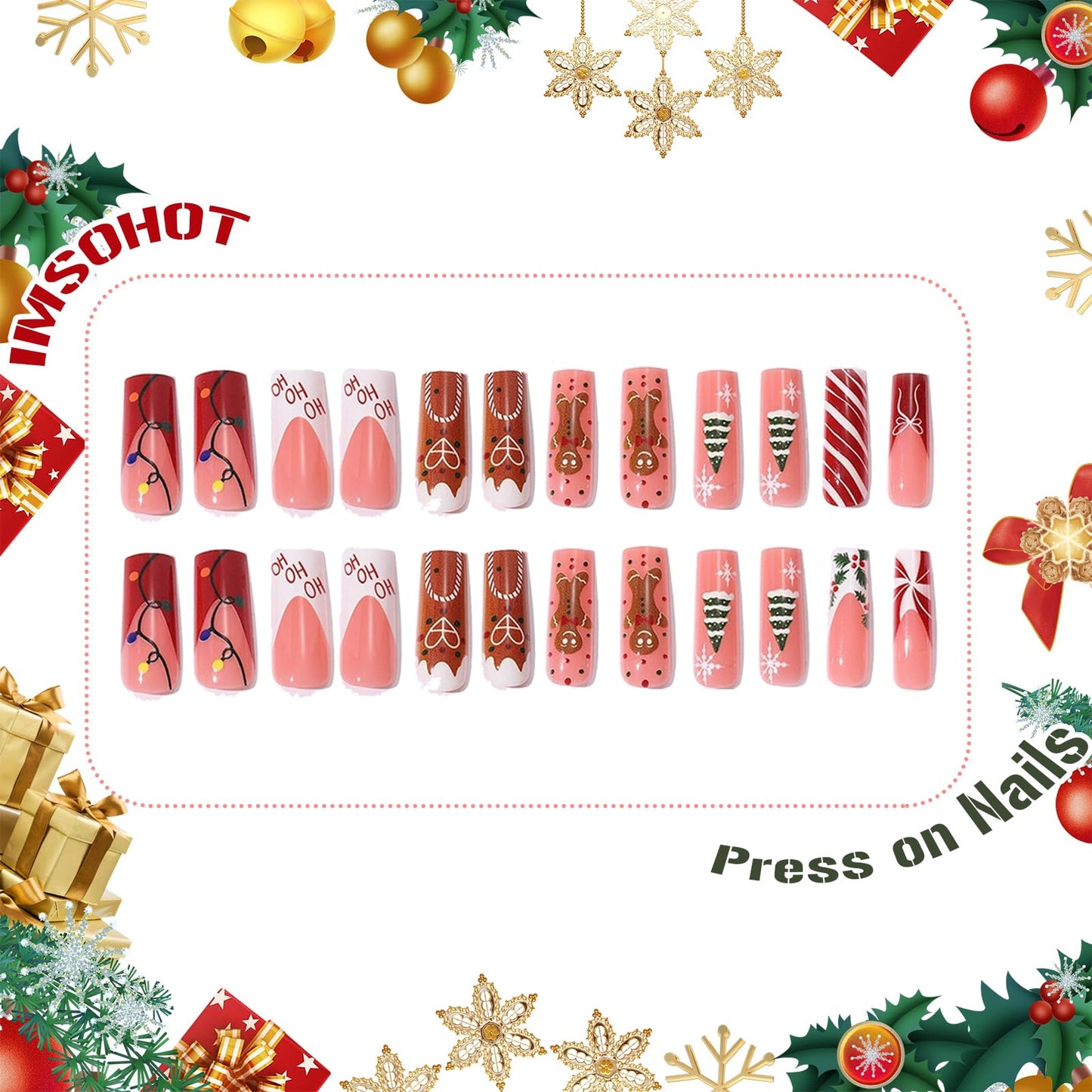 IMSOHOT Christmas Press on Nails Long Square Fake Nails Xmas Red False Nails Full Cover Acrylic Winter Cute Stick on Nails for Women 24Pcs