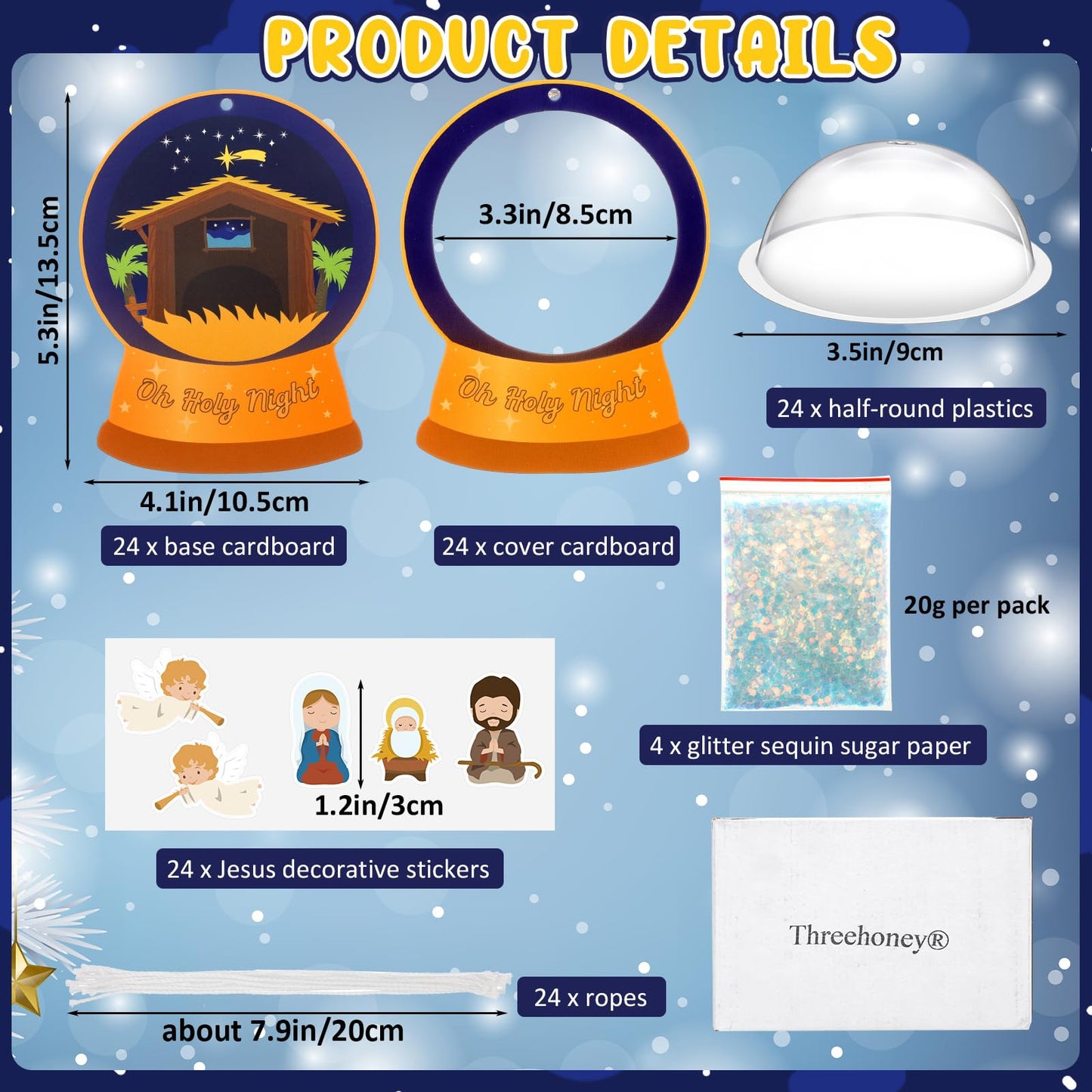 Threehoney 24 Pack Easter Nativity Craft Kit for Kids Toddler Jesus Birth Advent DIY Snow Globe Hanging Ornament with Glitter Sequin Paper Religious Holiday Classroom Decor(Holy Night,Gold)