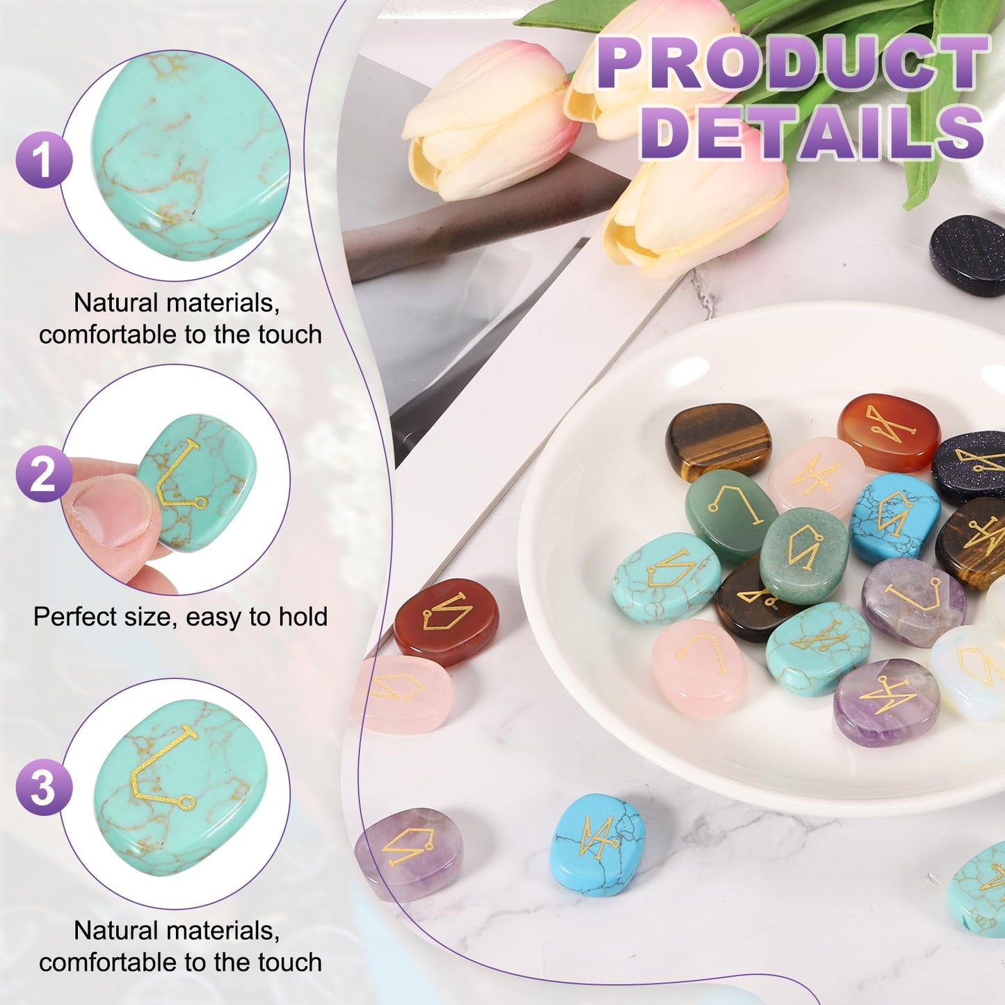 MECCANIXITY 4Pcs Engraved Chakra Stones with Reiki Symbols, Turquoise Reiki Healing Crystal Gemstone 7 Chakra Crystal Stones Tumbled Palm Stone for Anxiety Relieve