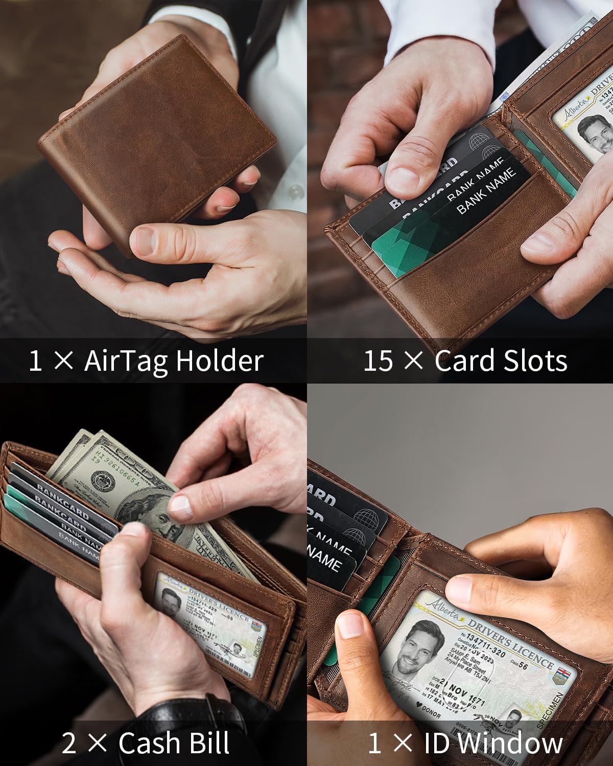 Mens Genuine Leather Bifold RFID Blocking Wallet with 14 Card Slots, ID Window & 2 Cash Pocket - Includes Gift Box