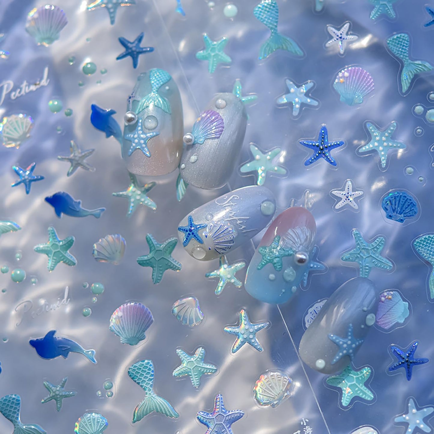 1 Sheets 5D Embossed Summer Nail Stickers for Nail Art Self-Adhesive Starfish Nail Art Stickers Shell Dolphin Mermaid Tail Nail Decals Ocean Theme Nail Design for Women DIY Nails Decoration