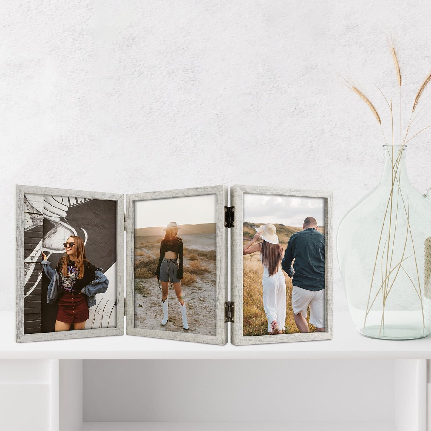 Space Art Deco Triple 5x7 Picture Frame, 3 5x7 Folding Photo Frame, Standing Vertically on Desktop or Tabletop, Home Decorative Christmas Holiday Gift, Whitewashed Oak