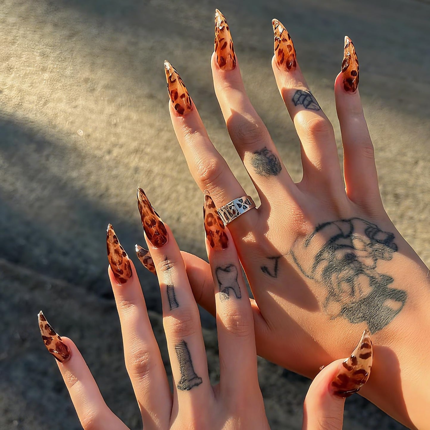 Handmade Press on Nails Medium Stiletto Brown Fake Nails Unique Eagle Claw Thick Acrylic Nails False Nails with Leopard Print Cat Claw Designs Fall Glossy Glue on Nail Curved Sturdy Nail Art 10Pcs(M)