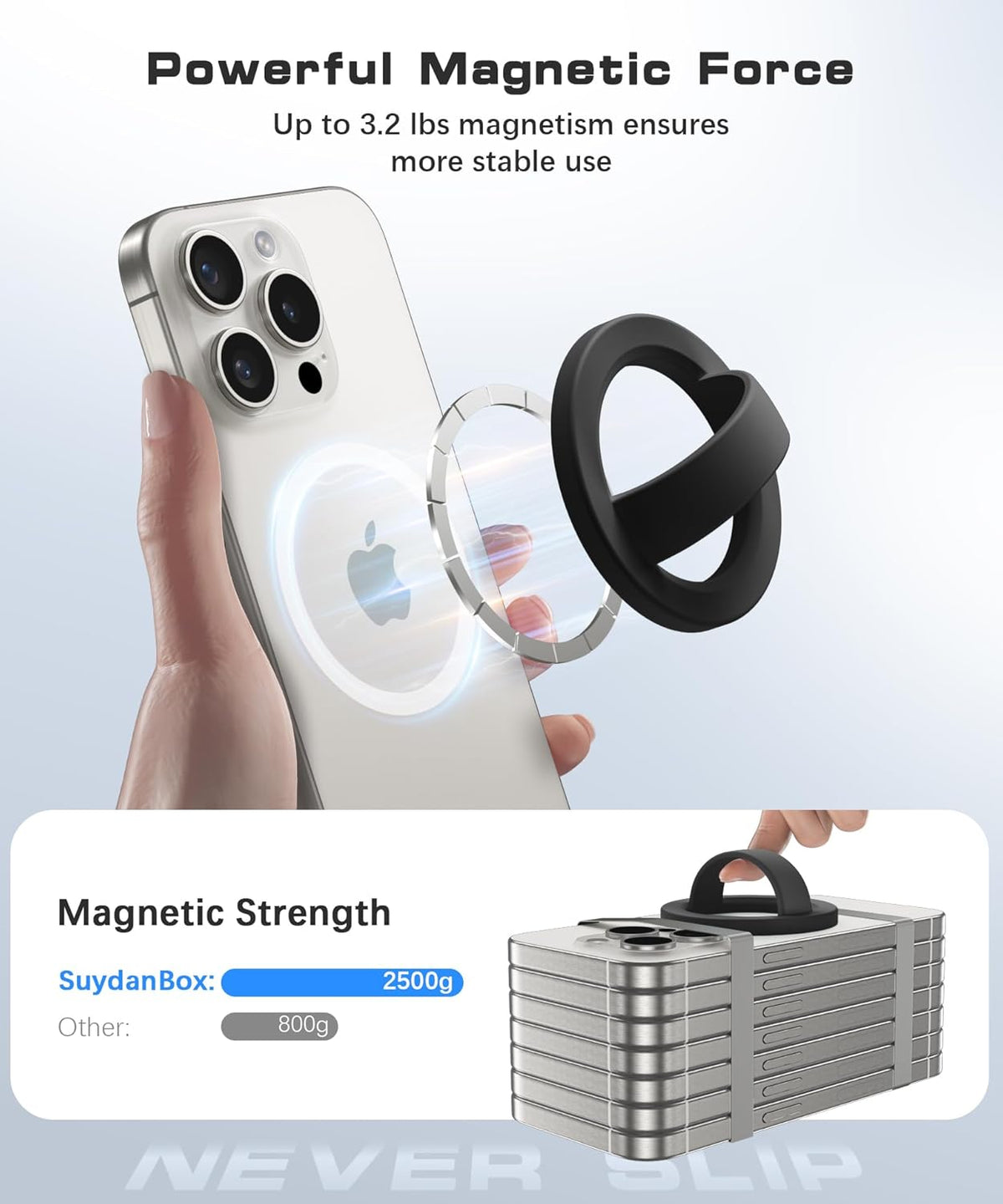Magnetic Phone Grip, Removable Loop Grip with Soft Finger Strap, Silicone Phone Ring Holder for Back of Phone for iPhone 16/15/14/13/12 Pro Max/Plus, Black