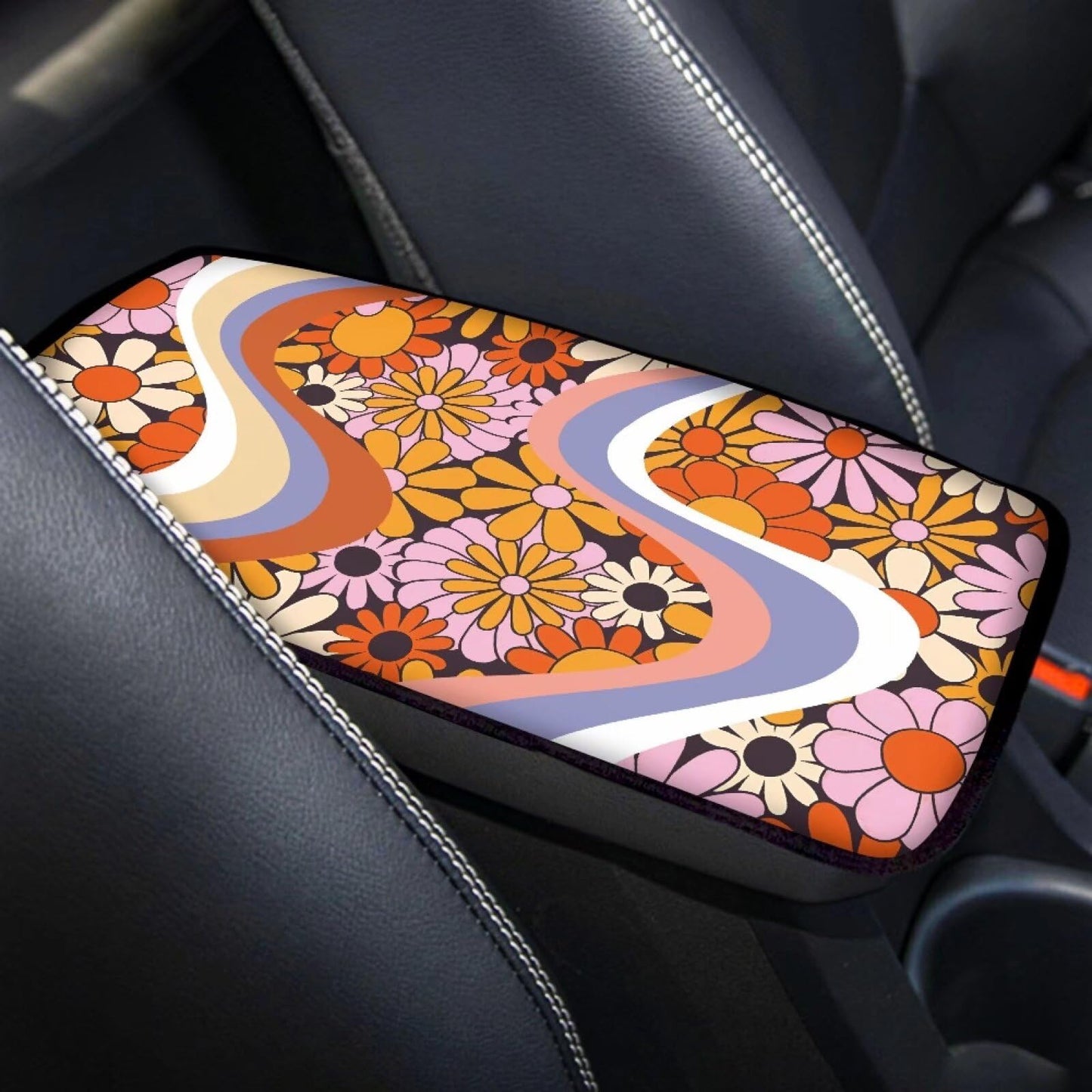 Dreaweet Hippie Flower Car Center Console Cushion Pad,Universal Armrest Seat Box Cover Protector,Comfortable Car Decor Accessories Fit for Most Cars,Trucks,SUV