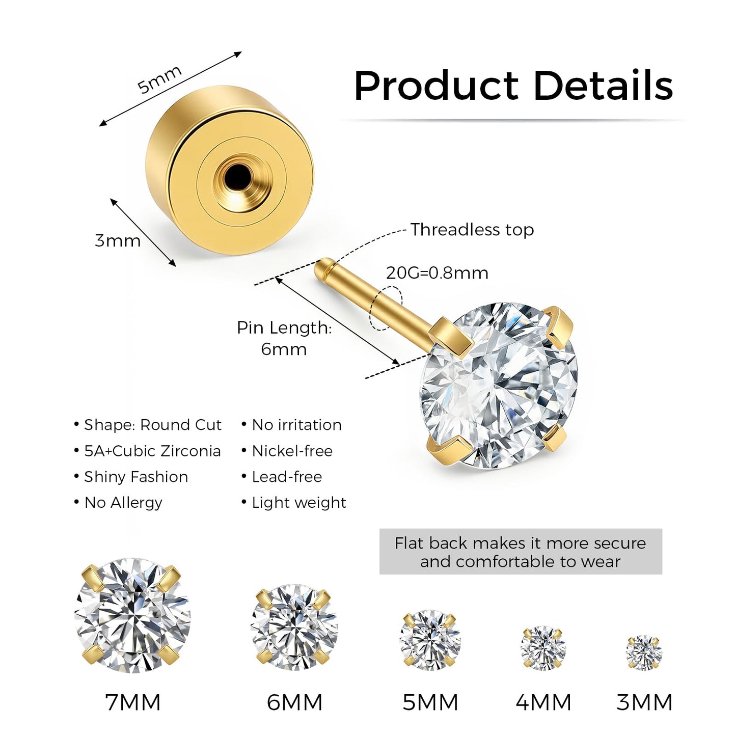 MHWTTY Hypoallergenic Threadless Flat Back Earrings,1 Pairs Cartilage Stud for Women Men Titanium Post 20G None Screw Easy Push in Gold Black Stainless Steel Flatback with CZ 3-7mm (Gold, 6mm)