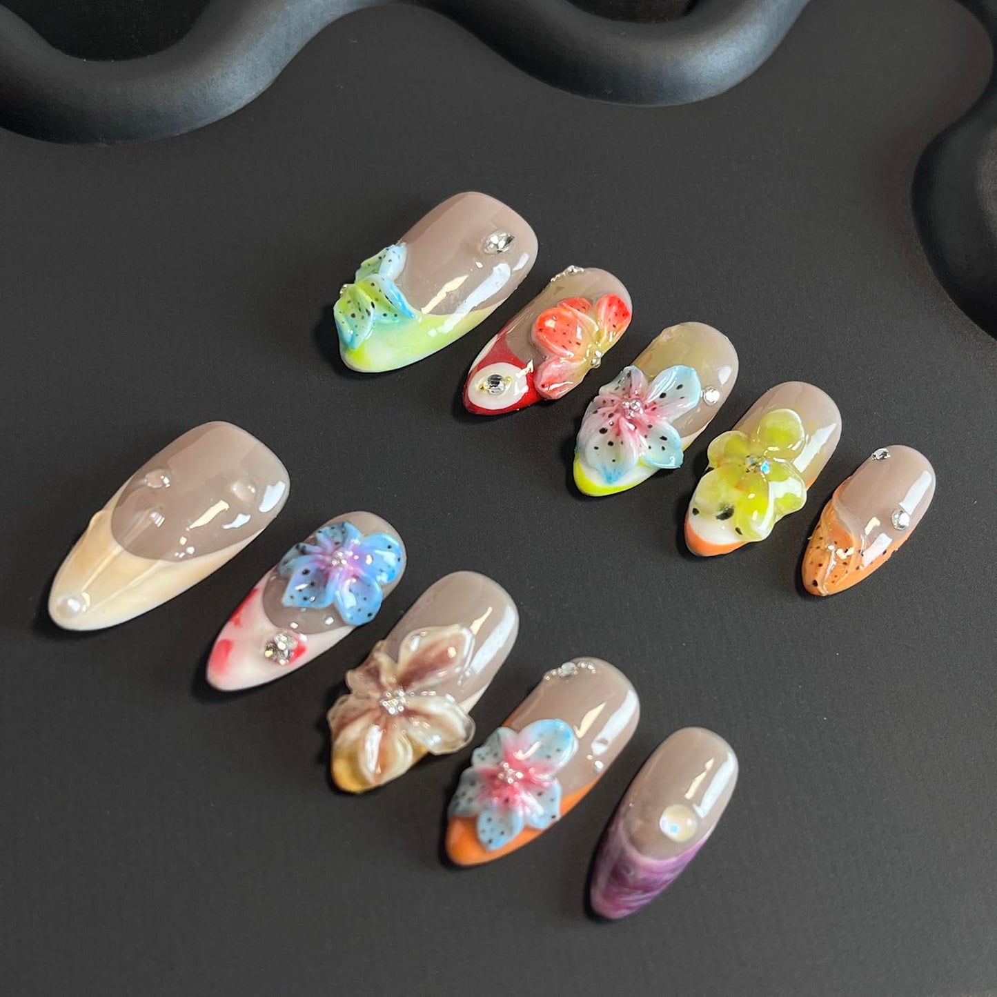 Luxury Press on Nails Medium Almond Handmade 3D Unique Reusable ABS Material Fake Nails French Tip False Nails with Designs Flower Rhinestones Art Petal Glossy Glue on Nails Thick Acrylic Nails(S)