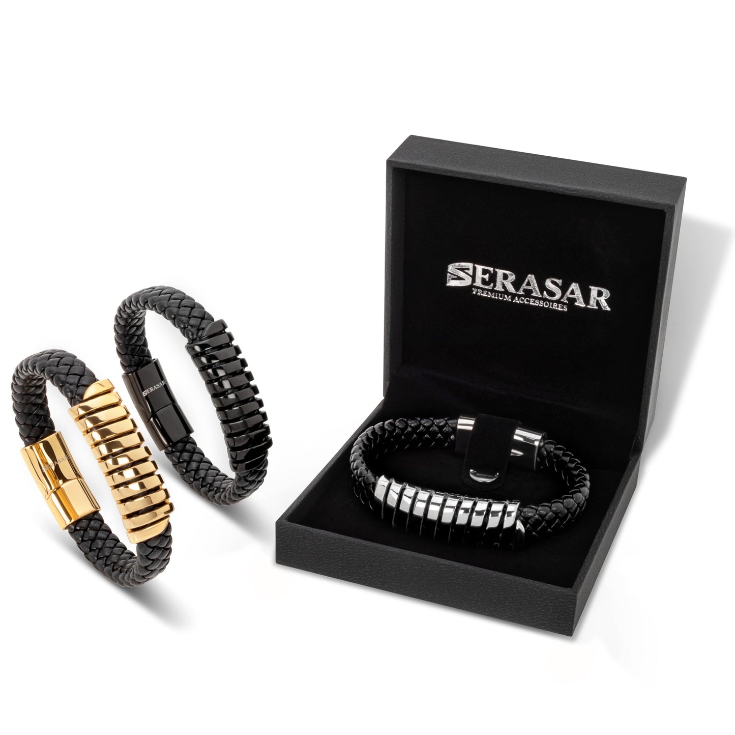 SERASAR Mens Leather Bracelet 17cm Silver Presents Men Gift Box Cowhide Braided Magnetic Clasp Multi Layer Wrap Rope Mans Male Bracelets Band Jewelry Magnet Accessories
