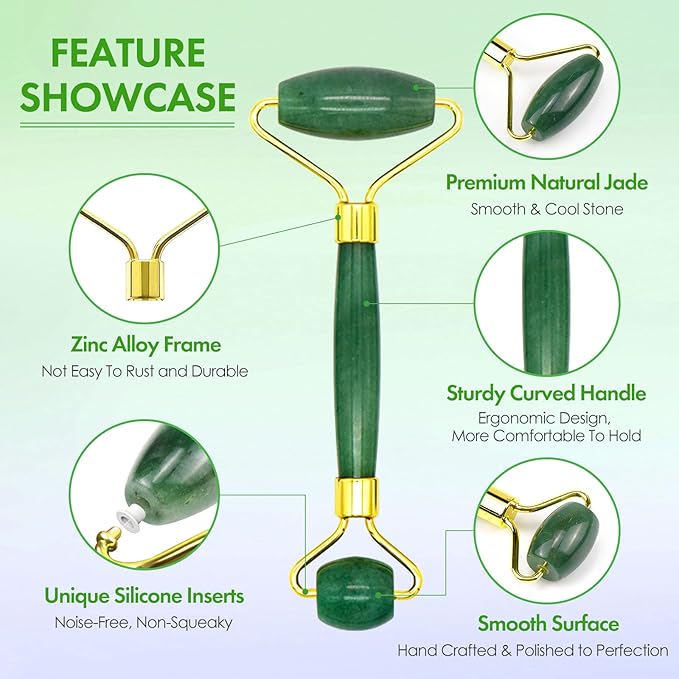 Jade Roller & Gua Sha Set, 100% Natural Facial Roller and Body Massage Skin Care Tools for Beauty, Increase Blood Circulation, Lymphatic Drainage & Reduce Wrinkles and Puffiness - Dark Green