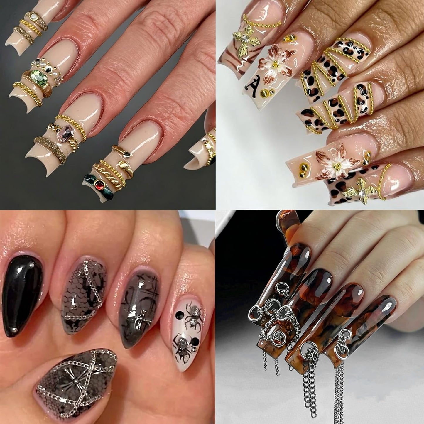 Furtherpretty 3D Chain Nail Charms Set, 12 Strips Rose Gold Silver Metal Bead Chains for Nails, Y2K Gothic Punk Dangle Nail Charms Piercing Decorations Accessories for DIY Home Manicure Supplies