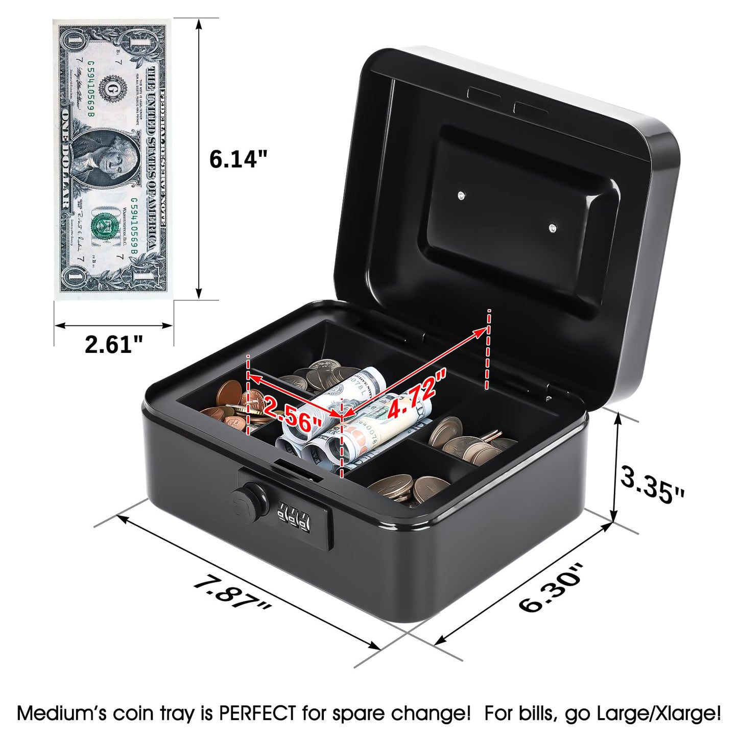 KYODOLED Cash Box with Combination Lock Safe Metal Money Box with Money Tray for Security Lock Box 7.87"x 6.30"x 3.35" Black