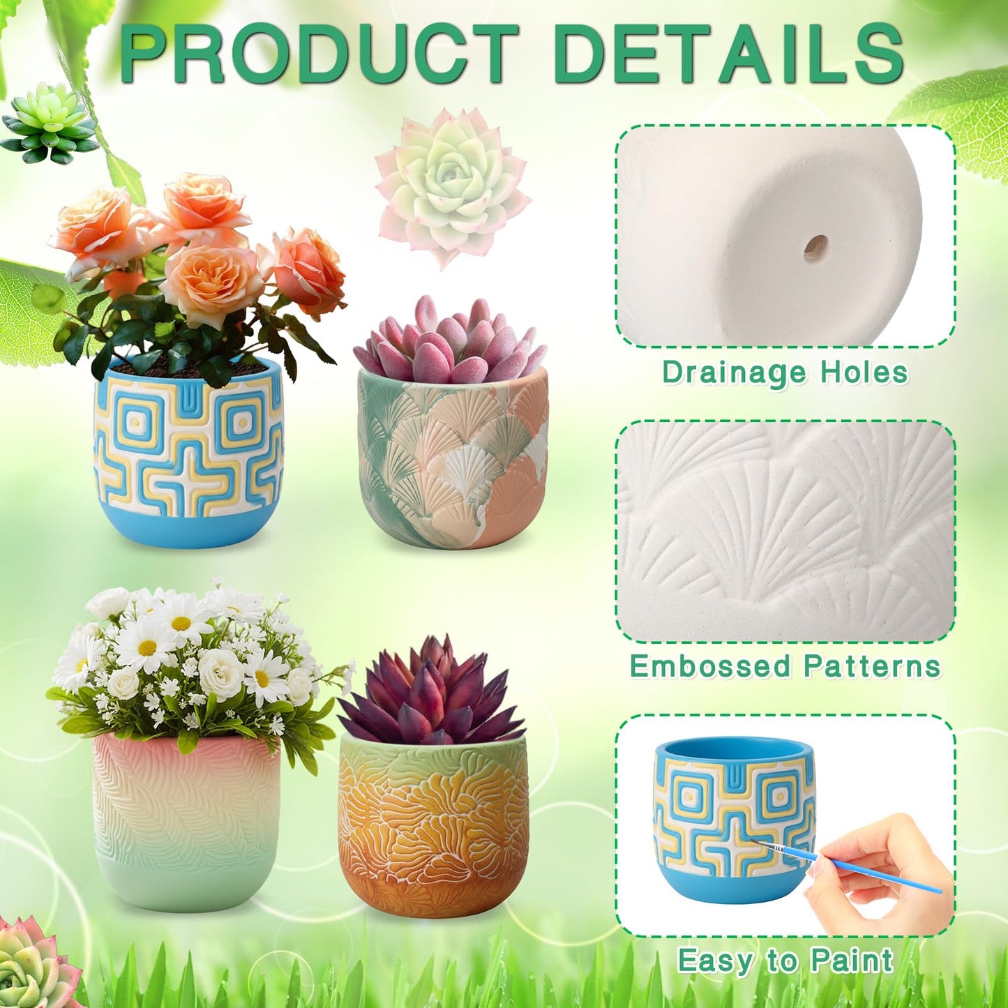 Zubebe 12 Pcs Paint Your Own Ceramic Pots Bulk Unfinished Succulent Pots Craft Kit with Drainage Hole Mini Paintable Plant Vase Ready to Paint Planter for Cactus DIY Craft (Nordic Embossed)
