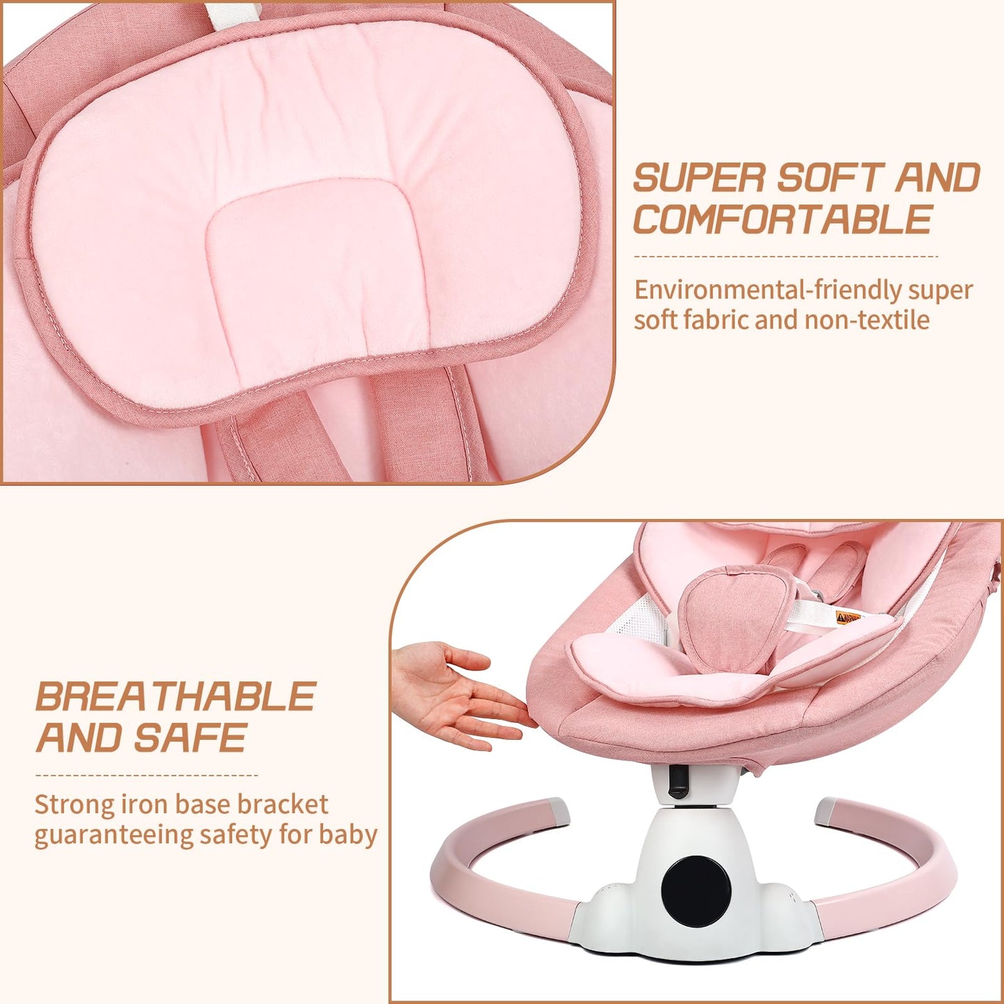 Uuoeebb Baby Swing for Infants, Portable Electric Baby Swings with Bluetooth, 5 Swing Speed, 10 Lullabies, 5-Point Harness, Remote Control & Touch Panel - Infant Swing for Indoor & Outdoor Use, Pink