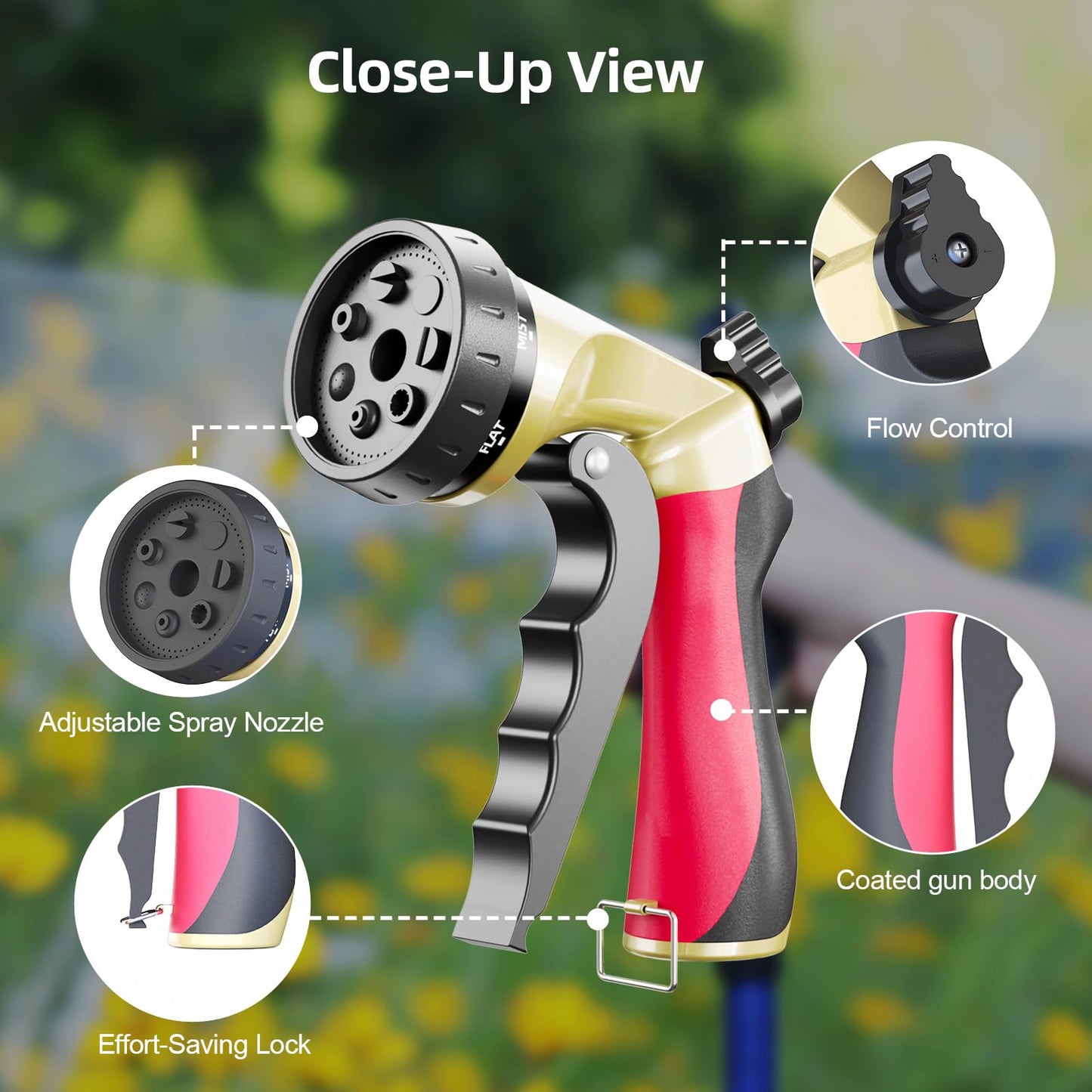 Metal Garden Hose Nozzle with 8 Spray Patterns, Full Shower Sprayer Nozzle with Thumb Control for Outdoor Lawn & Plant Watering, Car & Pet Washing, Red
