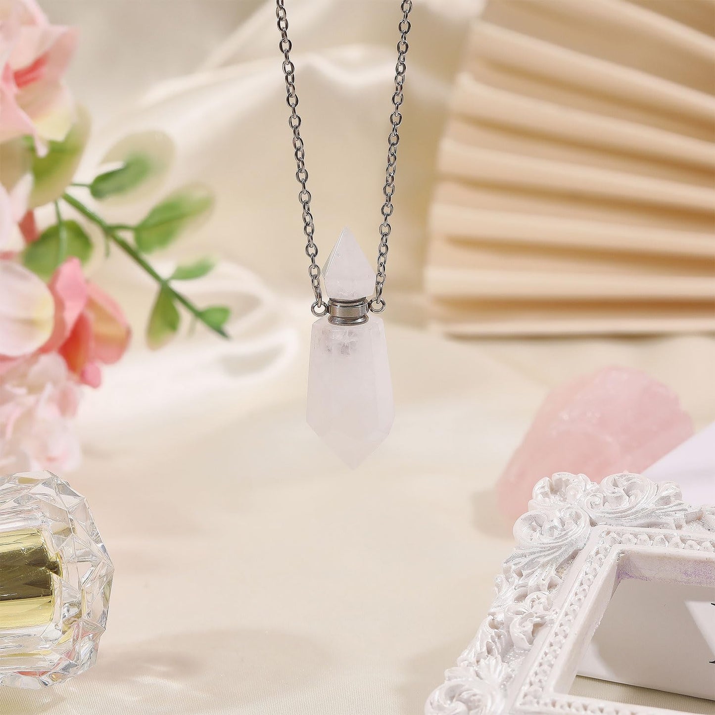 CONCHLERY Perfume Bottle Necklace Natural Stone Essential Oil Diffuser Perfume Bottle Pendant with Alloy Chain for Womens Vial Pendant Necklace Jewelry Unique Gift, White