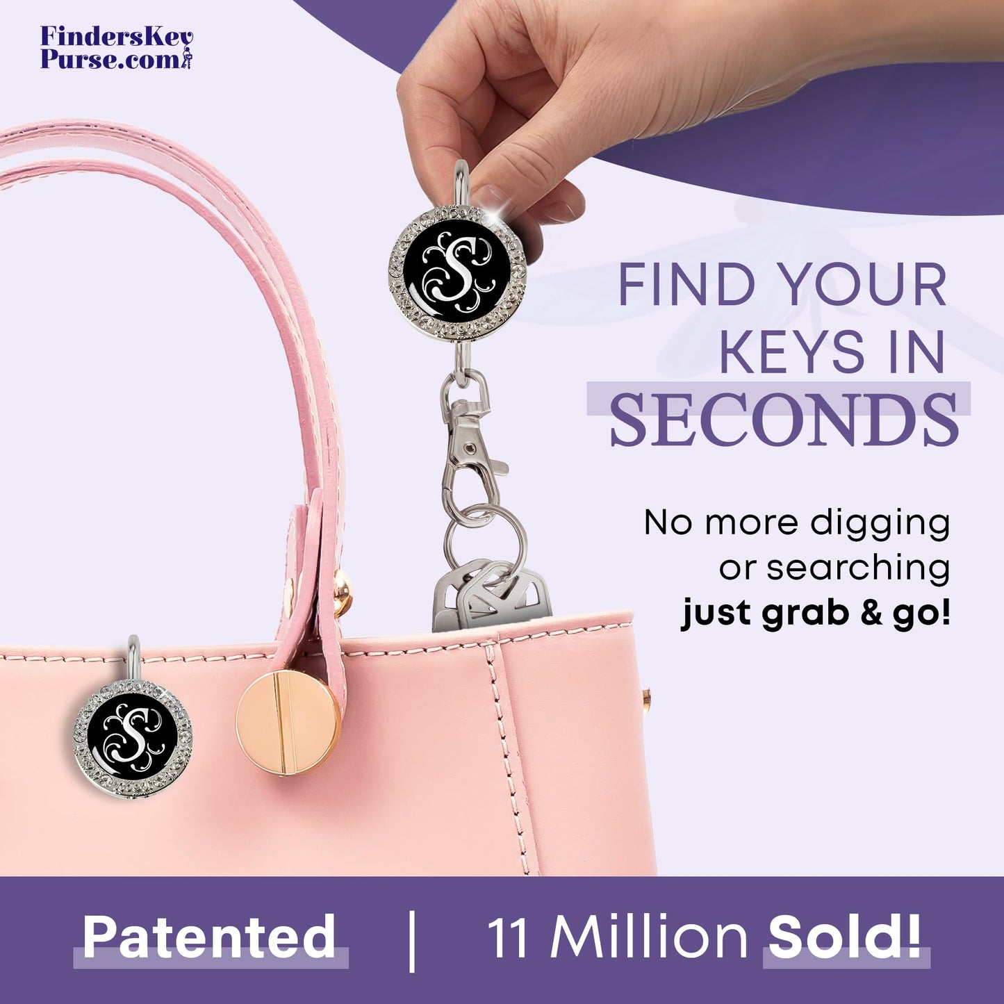Women’s Bag Charm Key Finder, Car Keychain Hook, Cute Purse Organizer & Tote Bag Accessories, Gifts for Mom - Monogram S