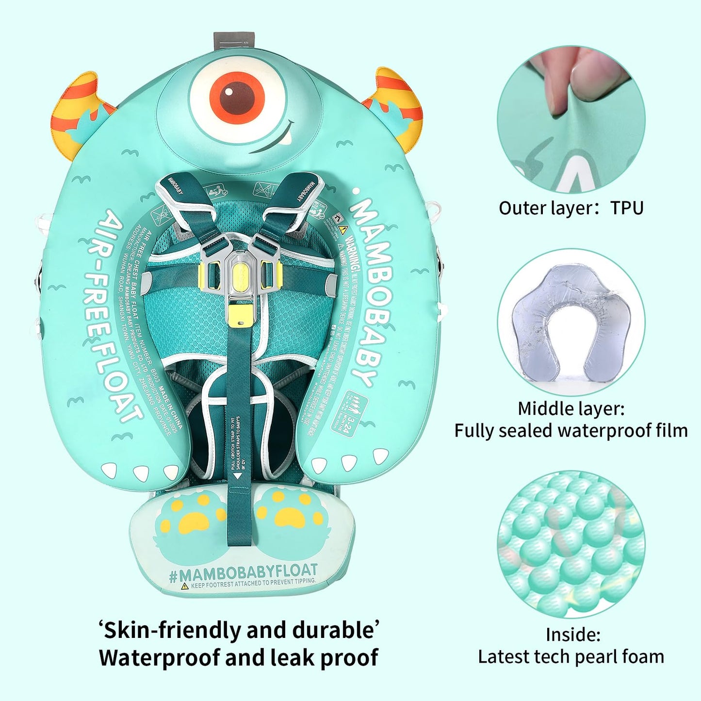 Mambobaby Float with Canopy Skin-Friendly Baby Swim Float with Tail Waterproof Non-Inflatable Mambo Float Smart Swim Trainer Soft Solid Infant Pool Float 3-24 Months Baby Swim Ring