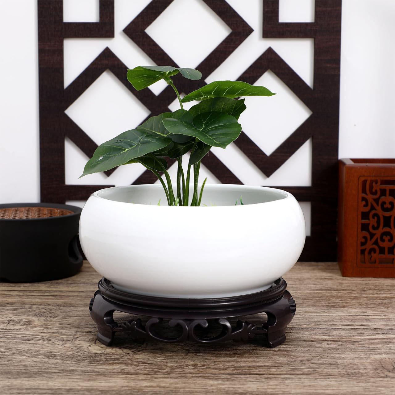 Kisangel Ceramic Lotus Bowl Planter, Hydroponic Water Lily Bowl with Plastic Base, No Holes Round Flower Succulent Planter Pot for Indoor