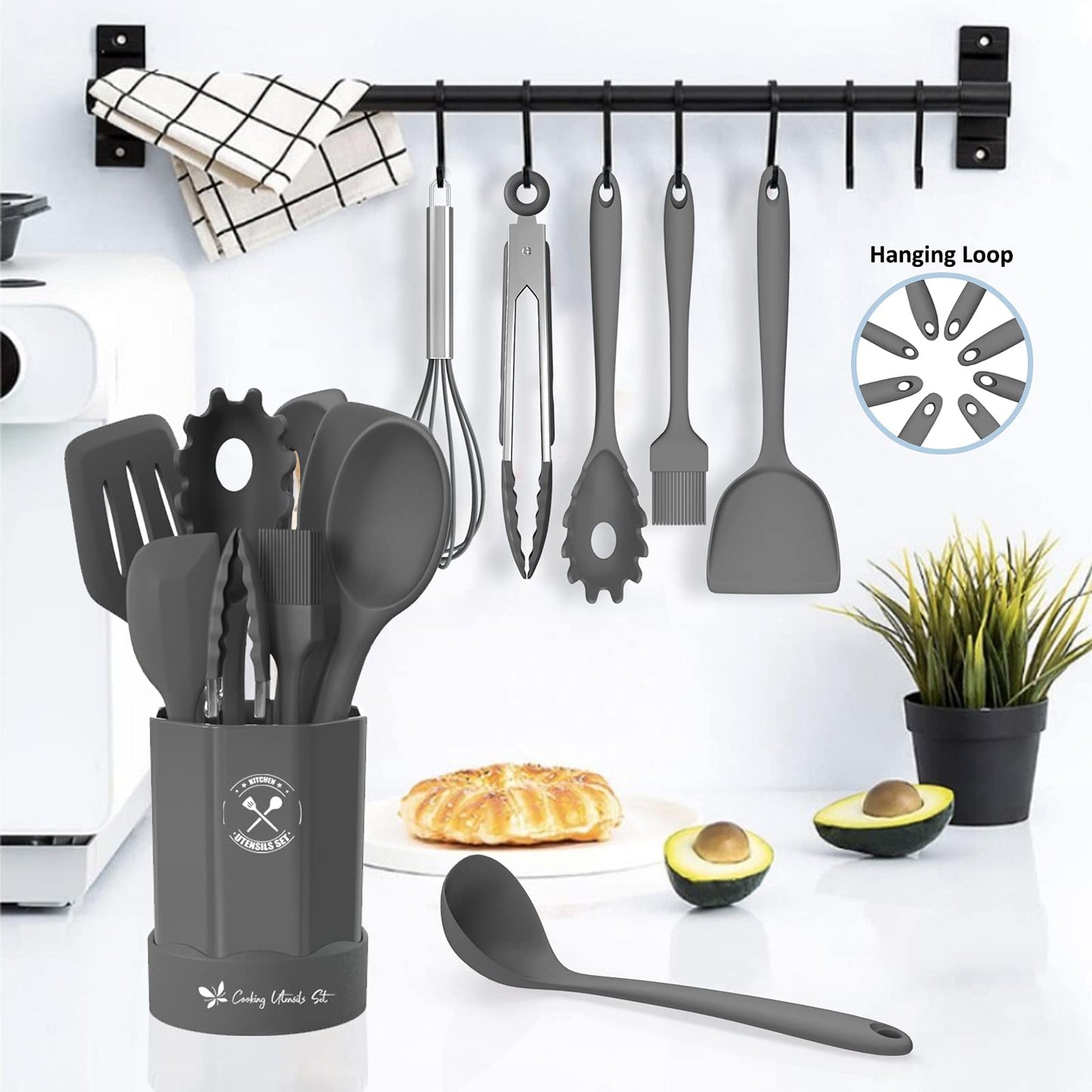 Silicone Kitchen Utensils Set, 16-Piece Silicone Cooking Utensils by Deedro, Heat Resistant Kitchen Tools Set with Holder, Nonstick Spatula Kitchen Gadgets for Cooking & Baking, Gray