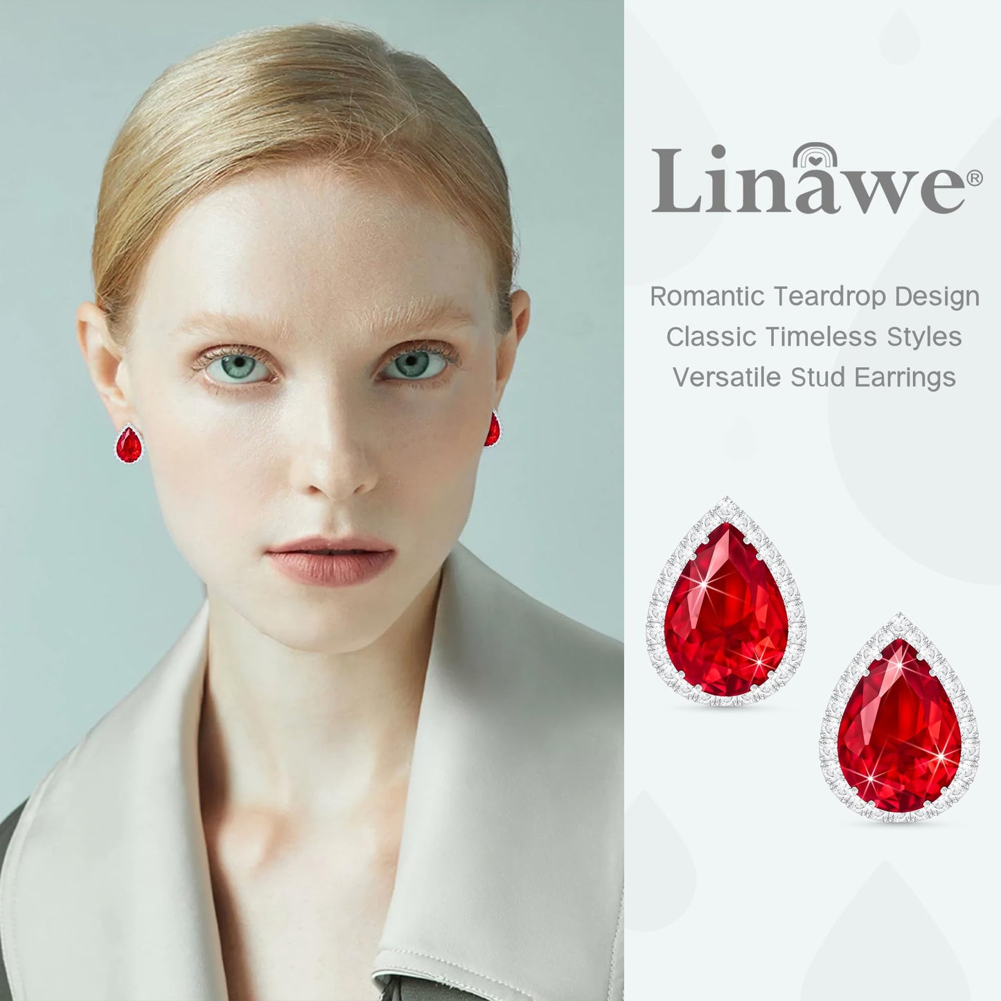 Linawe Silver Red Imitation Diamond Stud Earrings for Women, Ruby Cubic Zirconia Teardrop Rhinestone Crystal Earrings Studs, Wedding Earrings Bridal Bridesmaid, Ear Piercing Jewelry
